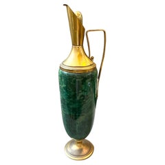Vintage 1950s Mid-Century Modern Green Goatskin and Brass Thermos Carafe by Aldo Tura