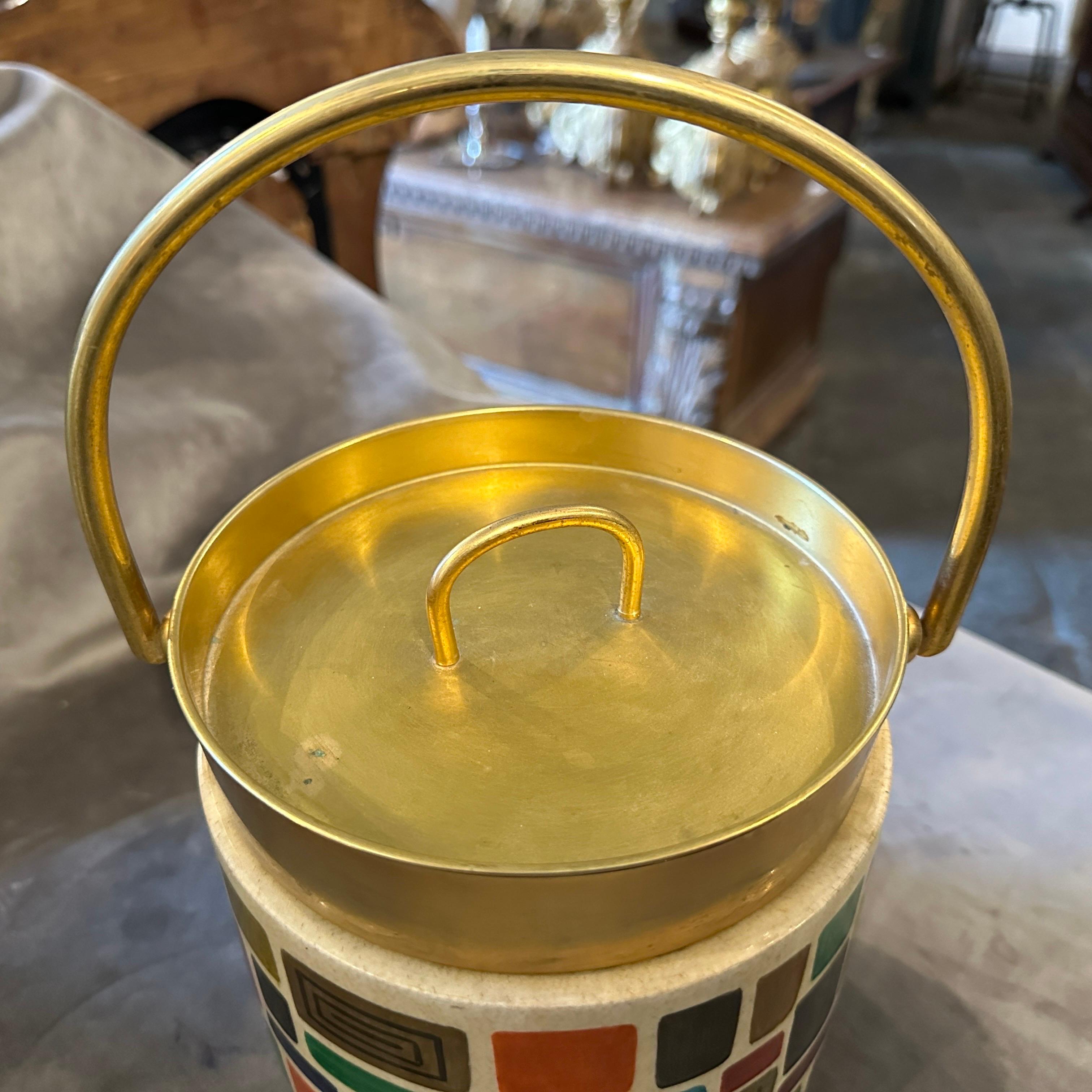 1950s MidCentury Modern HandPainted Goatskin and Brass Ice Bucket by