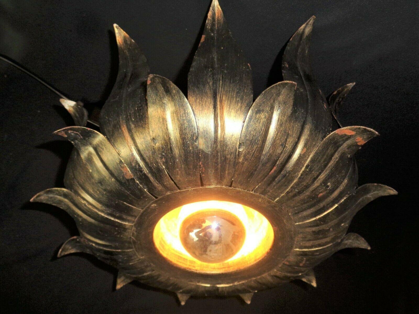 Quite Unique Treasure from Hans Kogl. c1950s Mid Century Modern Radiant Sunray Ceiling Flush Mount Fixture. Gilt formed metal with center diffused Light bulb - light source.