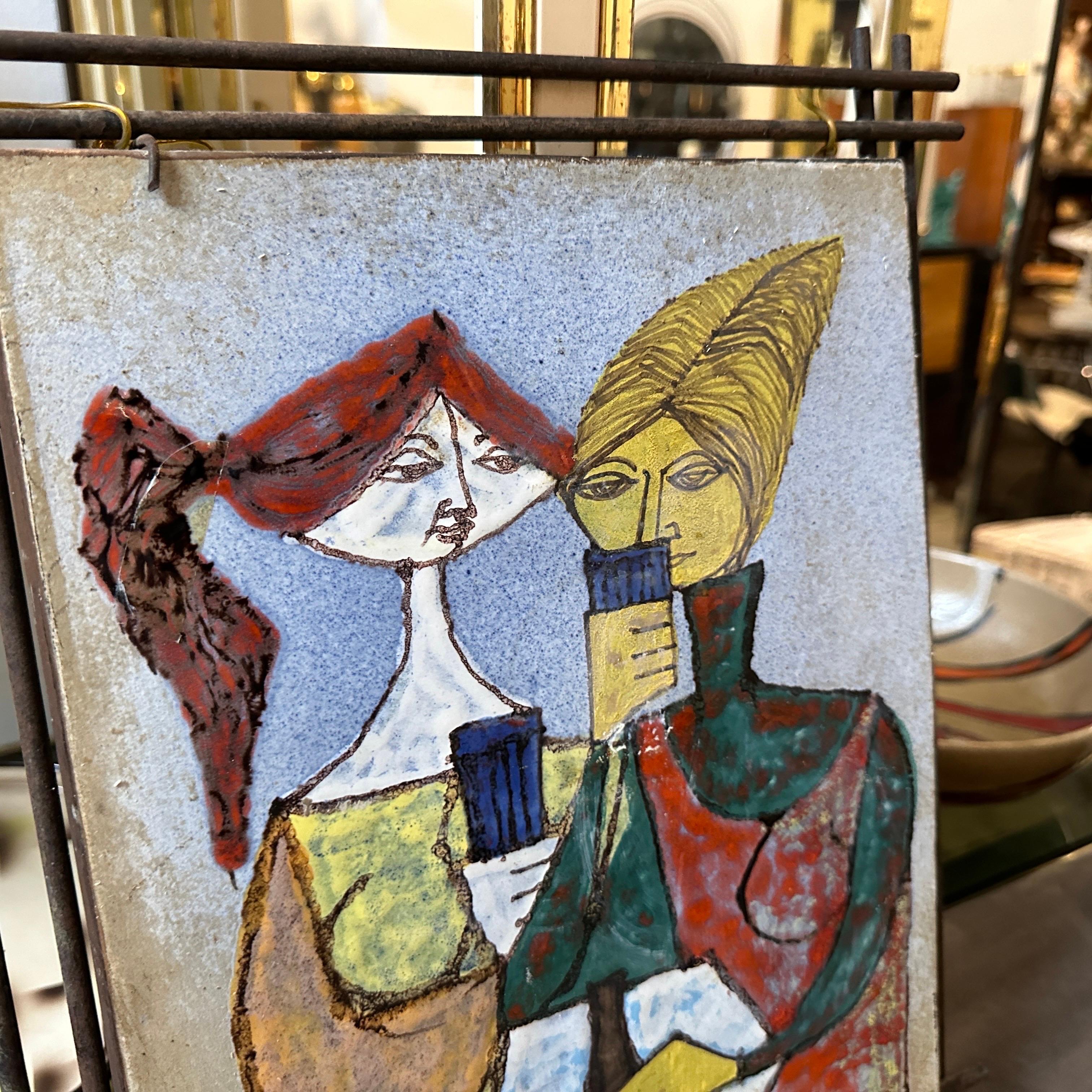1950s Mid-Century Modern Iron Framed Hand Painted Ceramic Italian Plaque For Sale 6