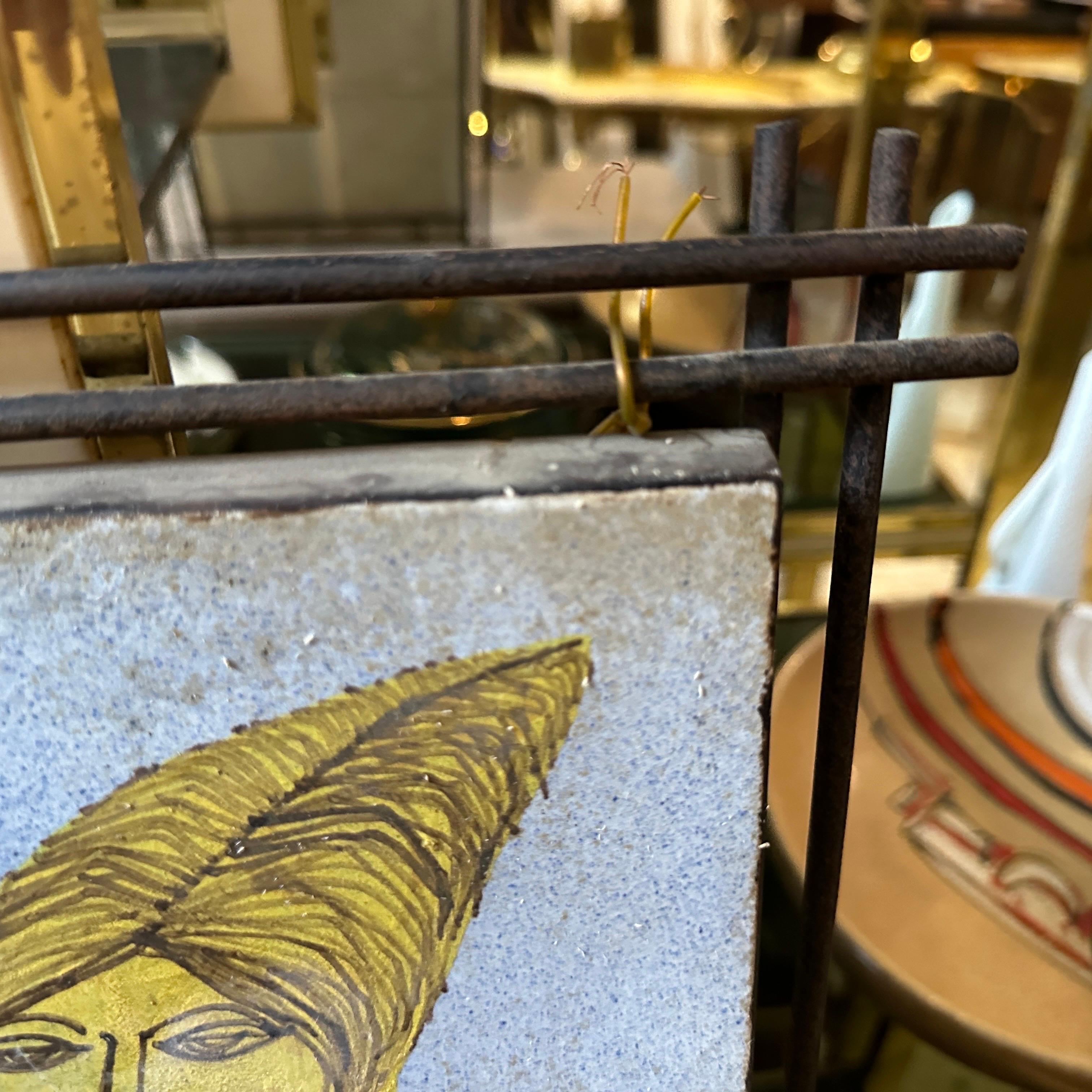 20th Century 1950s Mid-Century Modern Iron Framed Hand Painted Ceramic Italian Plaque For Sale
