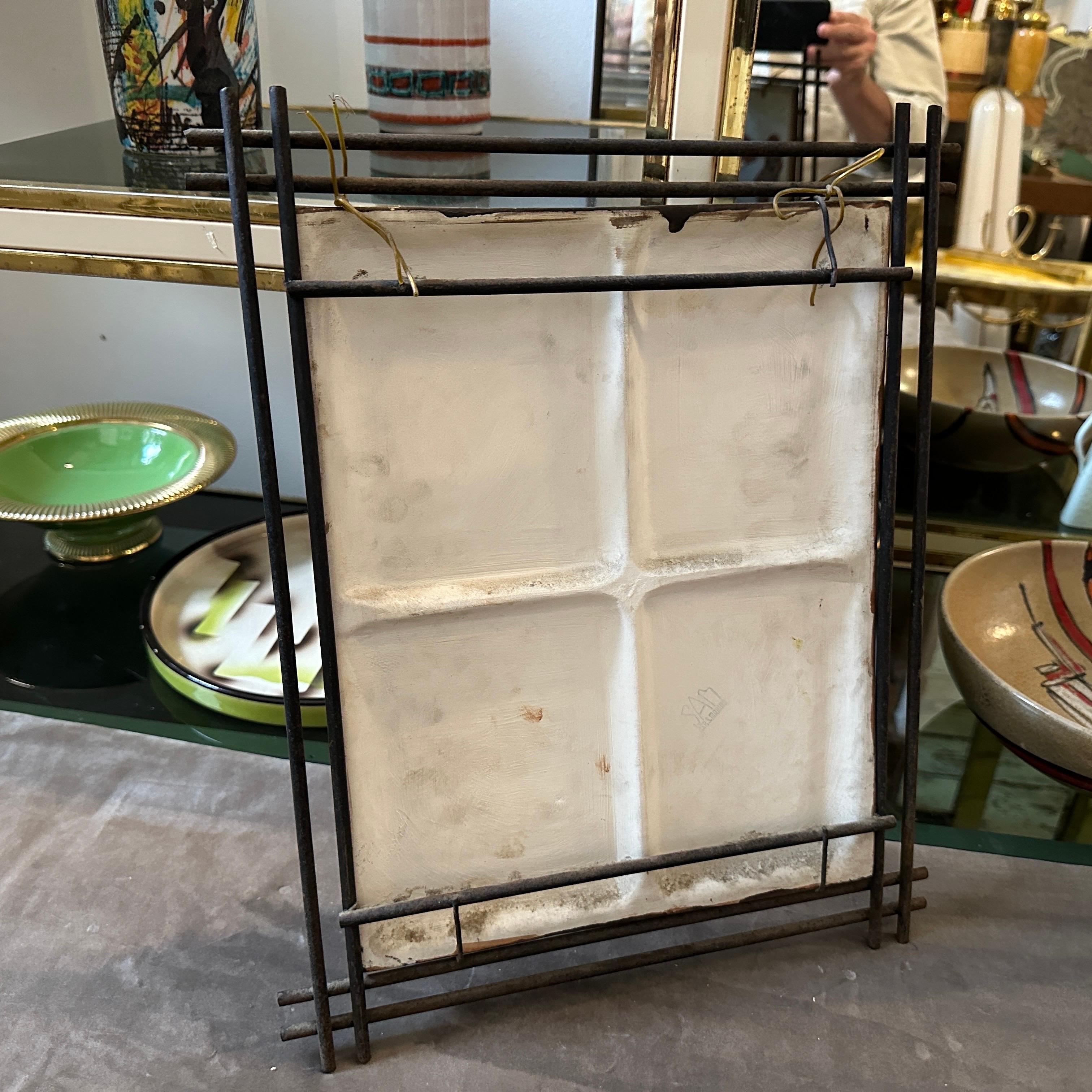 1950s Mid-Century Modern Iron Framed Hand Painted Ceramic Italian Plaque For Sale 1