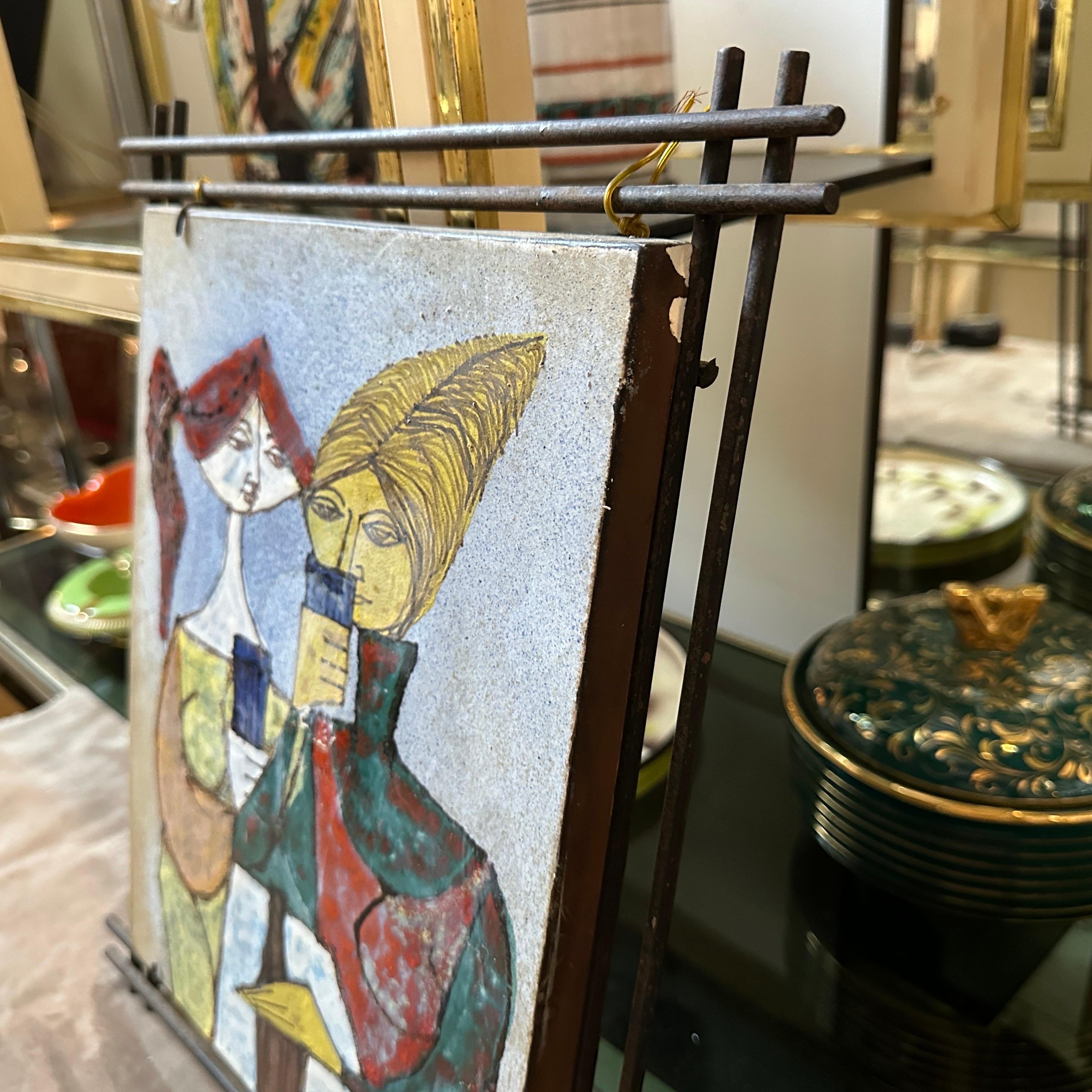 1950s Mid-Century Modern Iron Framed Hand Painted Ceramic Italian Plaque For Sale 2