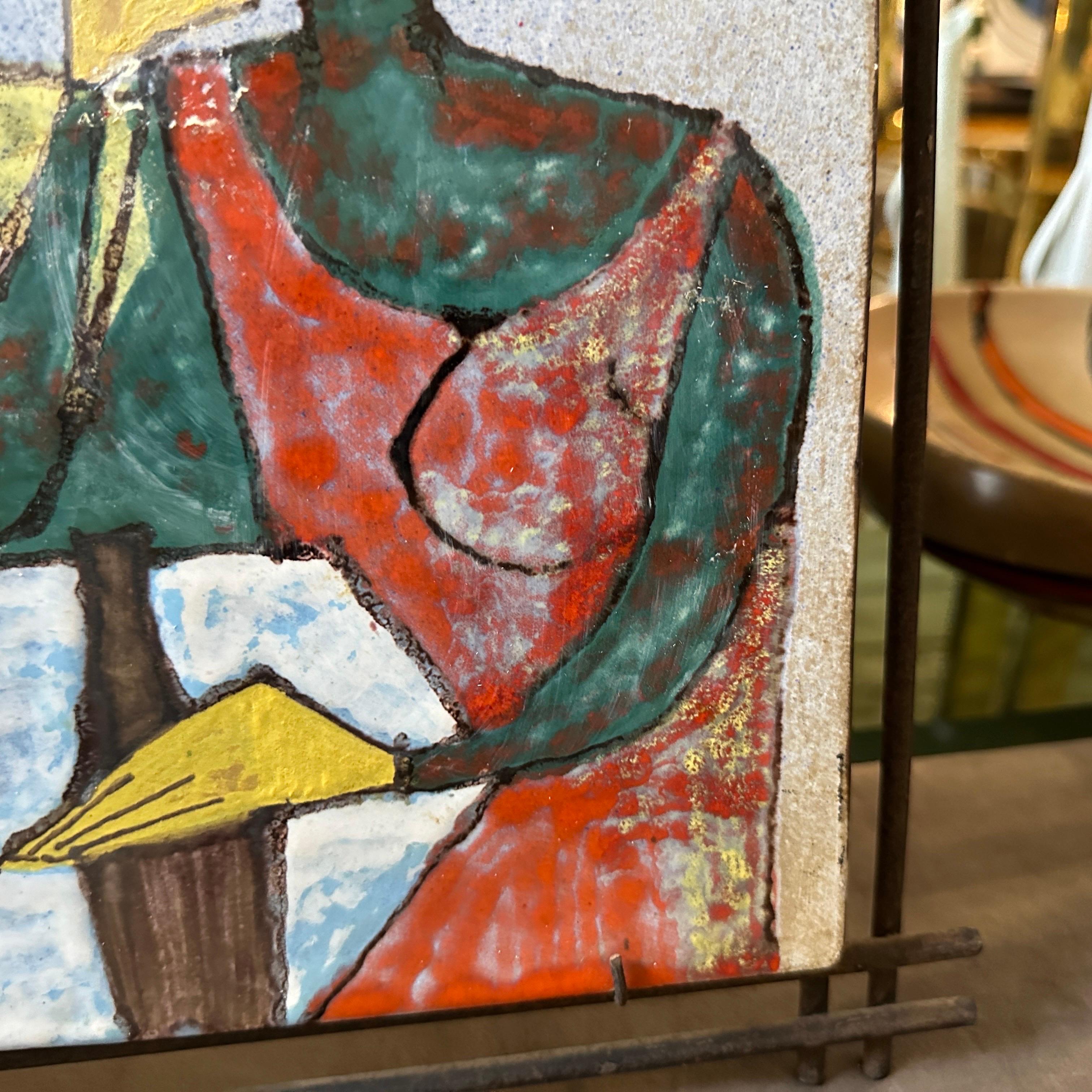 1950s Mid-Century Modern Iron Framed Hand Painted Ceramic Italian Plaque For Sale 3