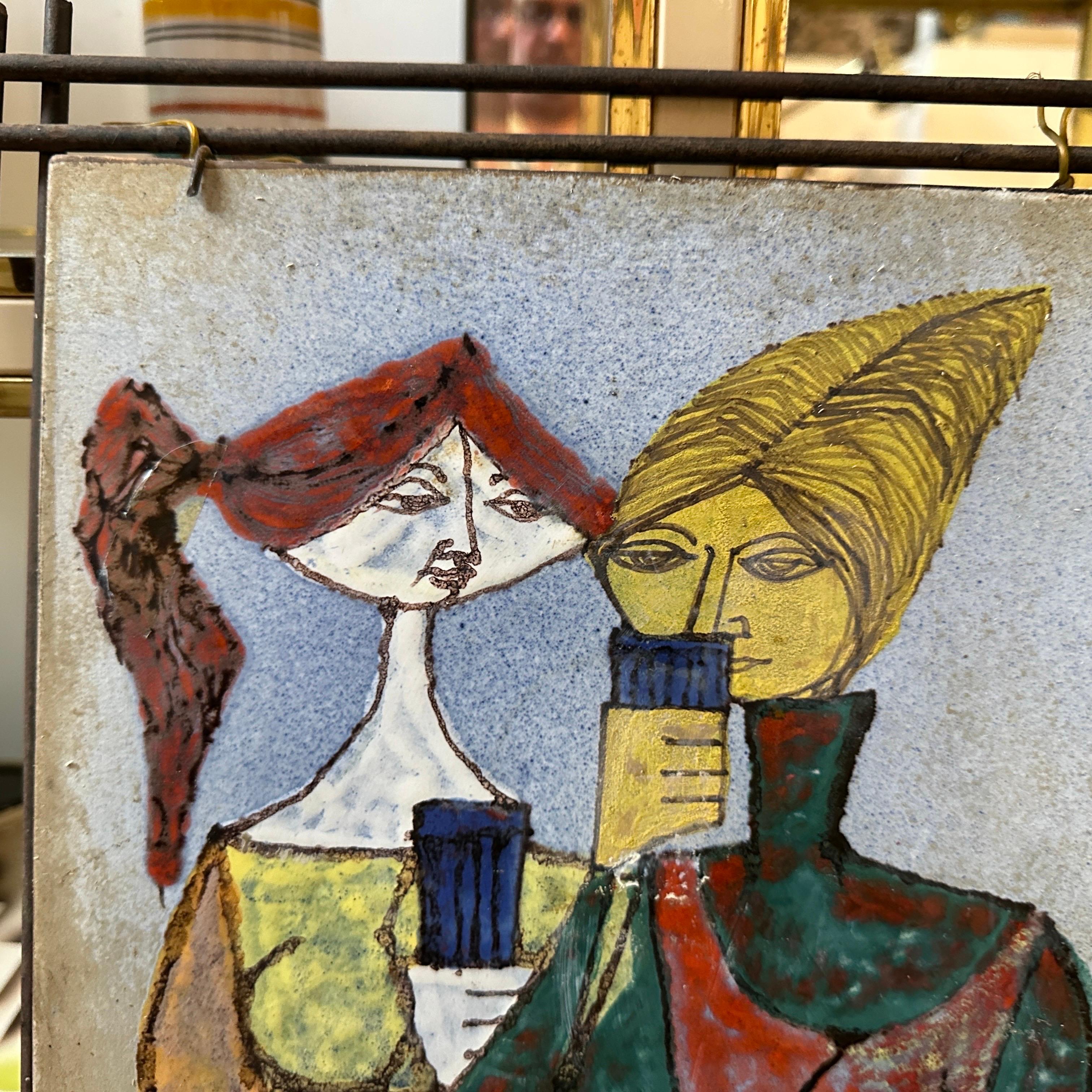 1950s Mid-Century Modern Iron Framed Hand Painted Ceramic Italian Plaque For Sale 4
