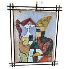 1950s Mid-Century Modern Iron Framed Hand Painted Ceramic Italian Plaque