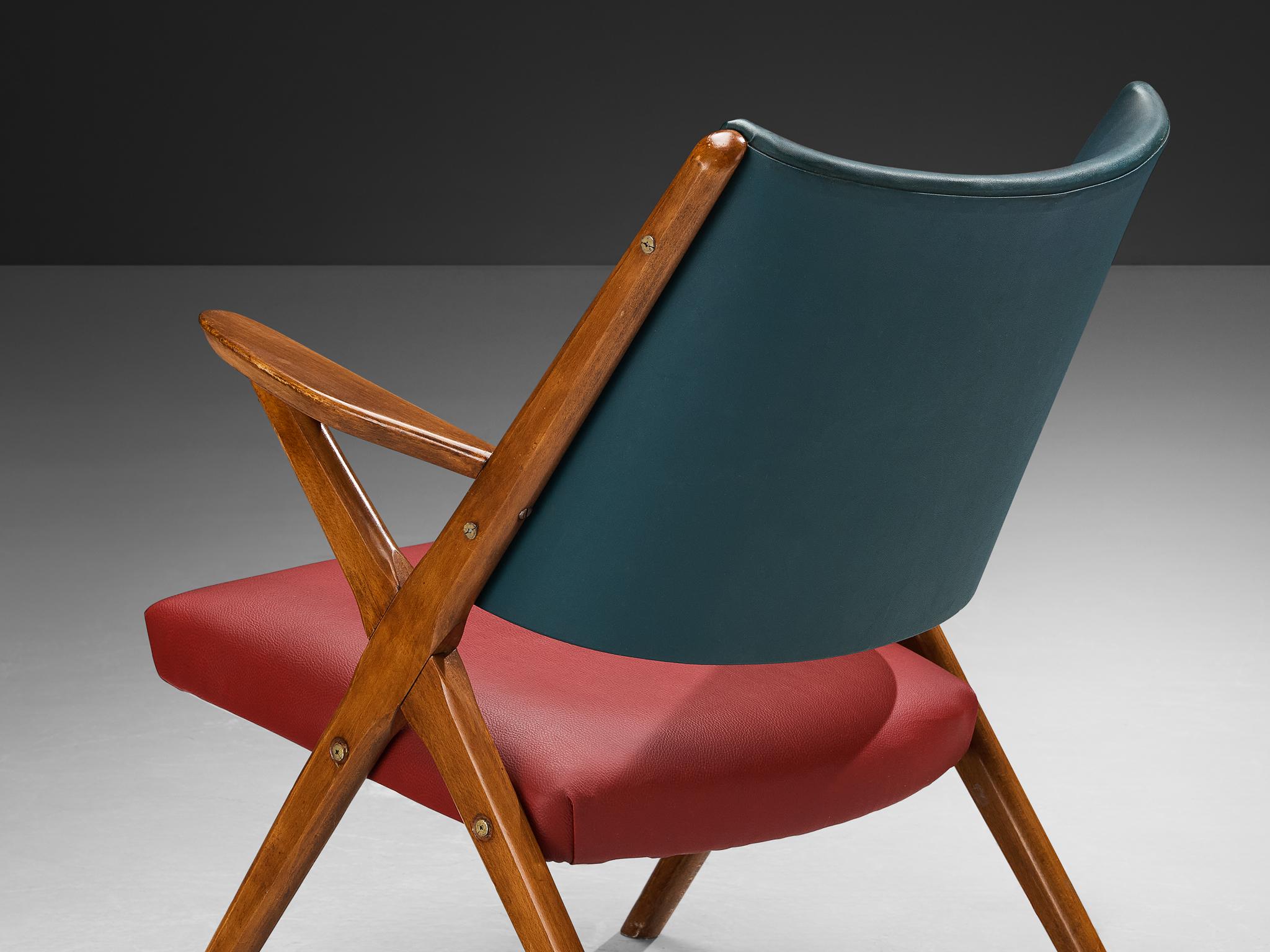 1950s Mid-Century Modern Italian Armchairs in Wood and Bicolor Fabric For Sale 5