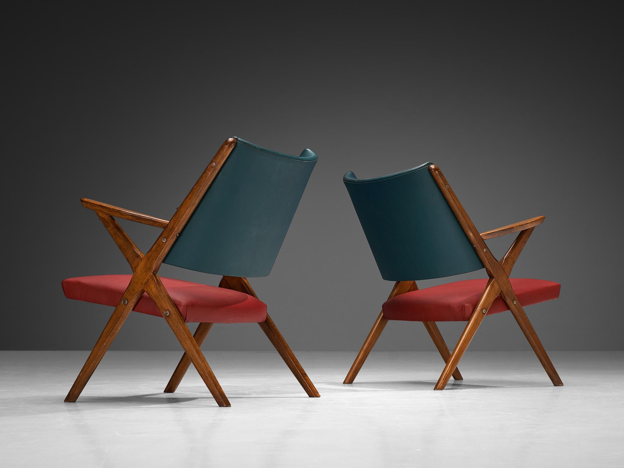 1950s Mid-Century Modern Italian Armchairs in Wood and Bicolor Fabric In Good Condition For Sale In Waalwijk, NL
