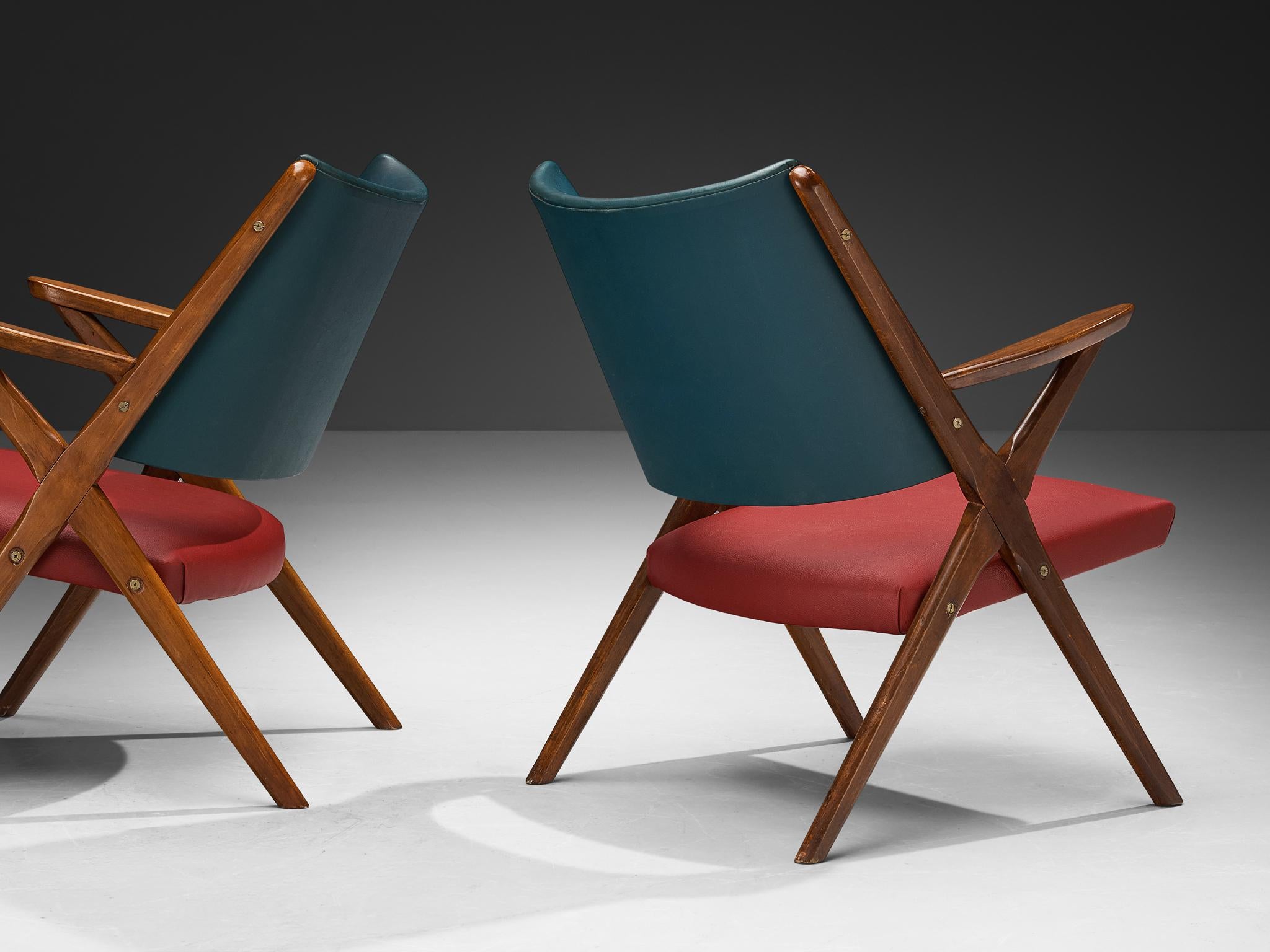 Faux Leather 1950s Mid-Century Modern Italian Armchairs in Wood and Bicolor Fabric For Sale