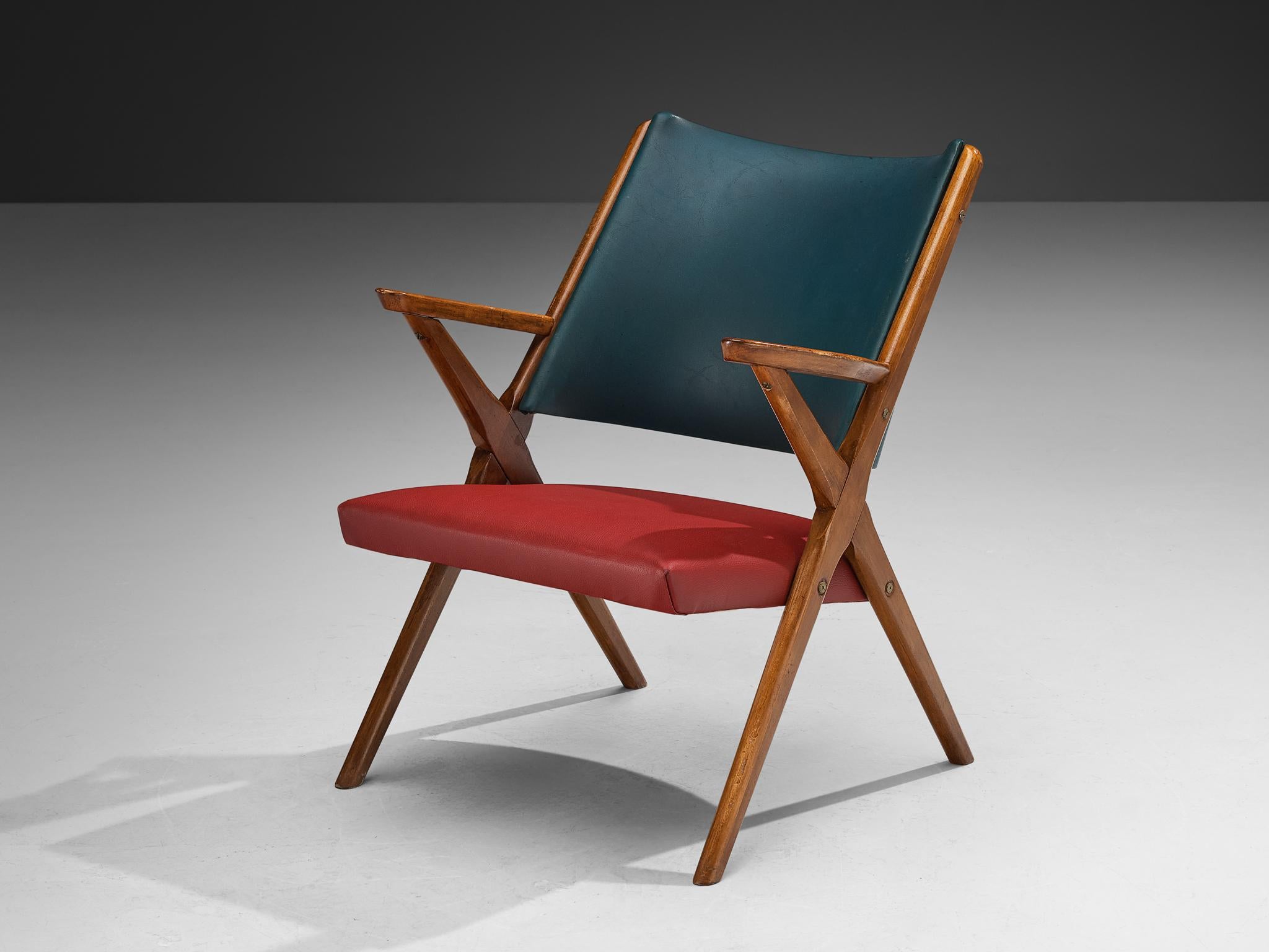 1950s Mid-Century Modern Italian Armchairs in Wood and Bicolor Fabric For Sale 1