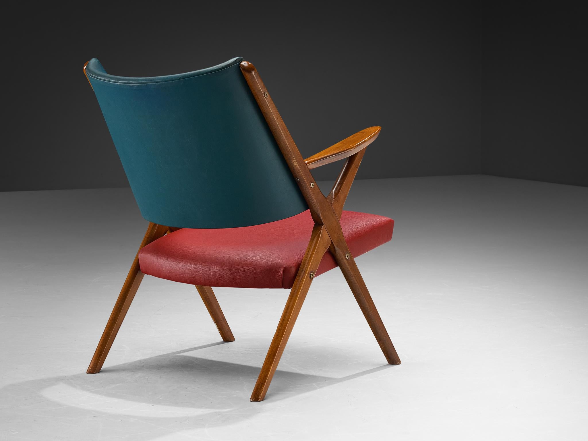 1950s Mid-Century Modern Italian Armchairs in Wood and Bicolor Fabric For Sale 2