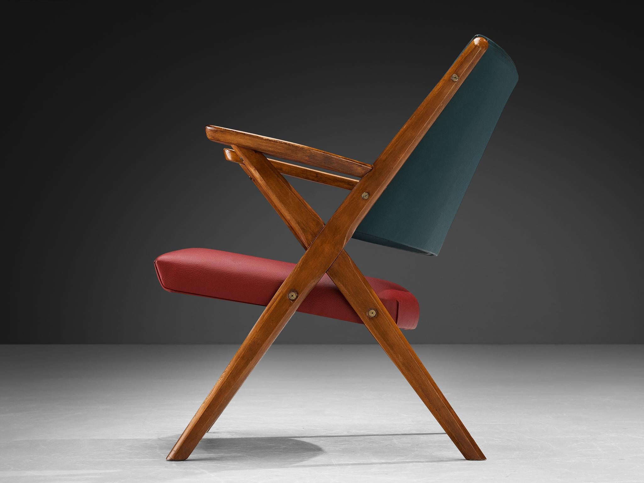 1950s Mid-Century Modern Italian Armchairs in Wood and Bicolor Fabric For Sale 3