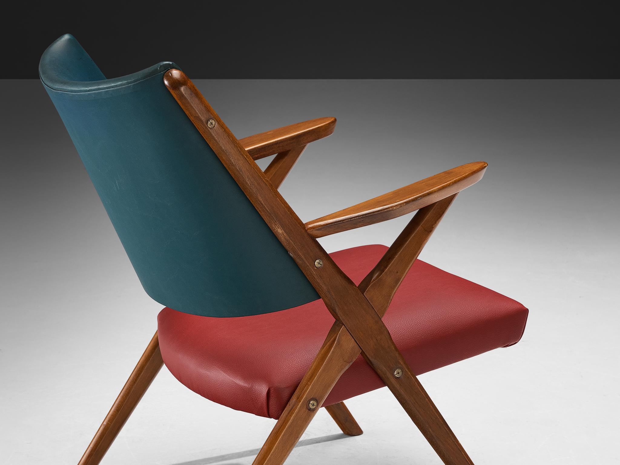 1950s Mid-Century Modern Italian Armchairs in Wood and Bicolor Fabric For Sale 4