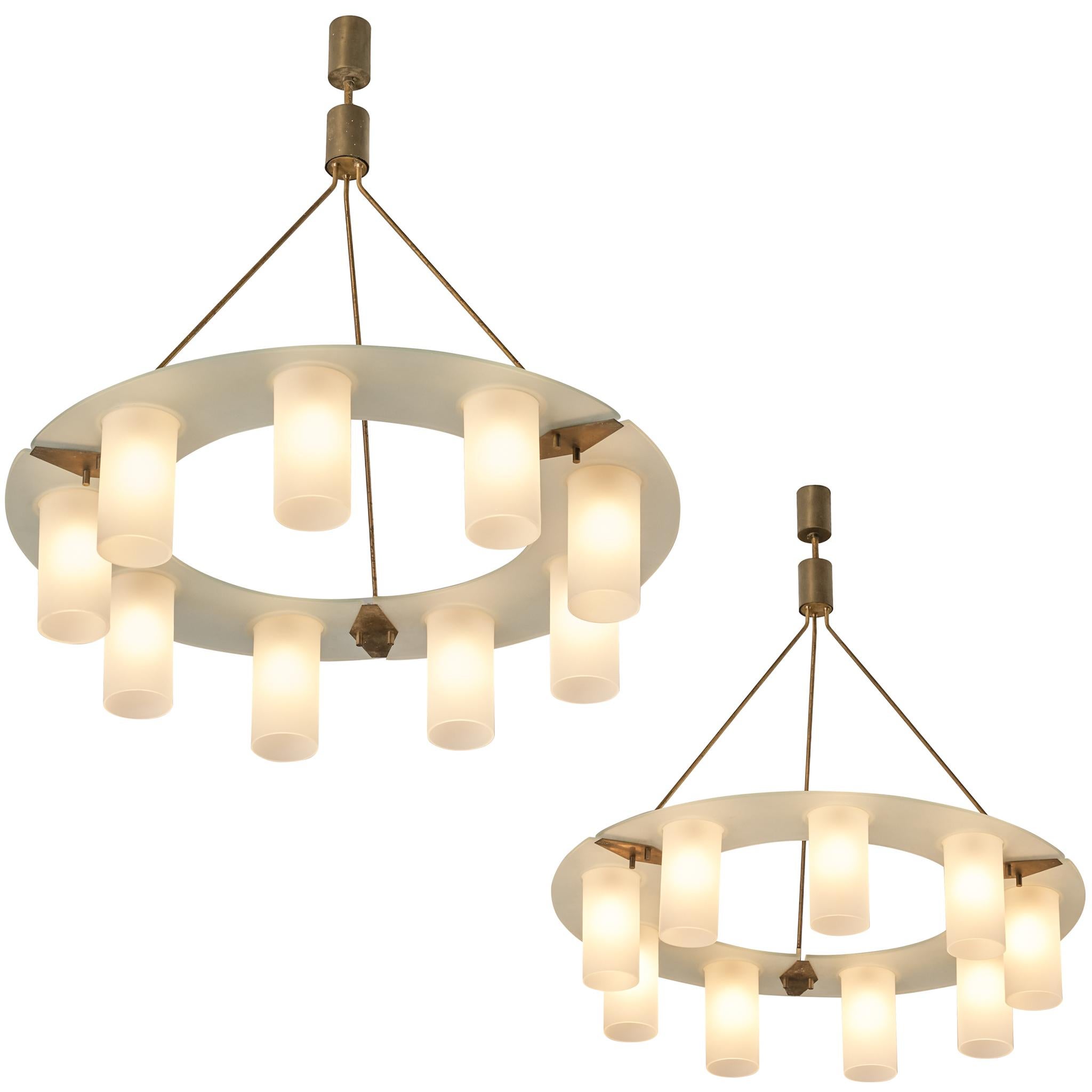 1950s Mid-Century Modern Italian Chandeliers in Satin Glass and Brass