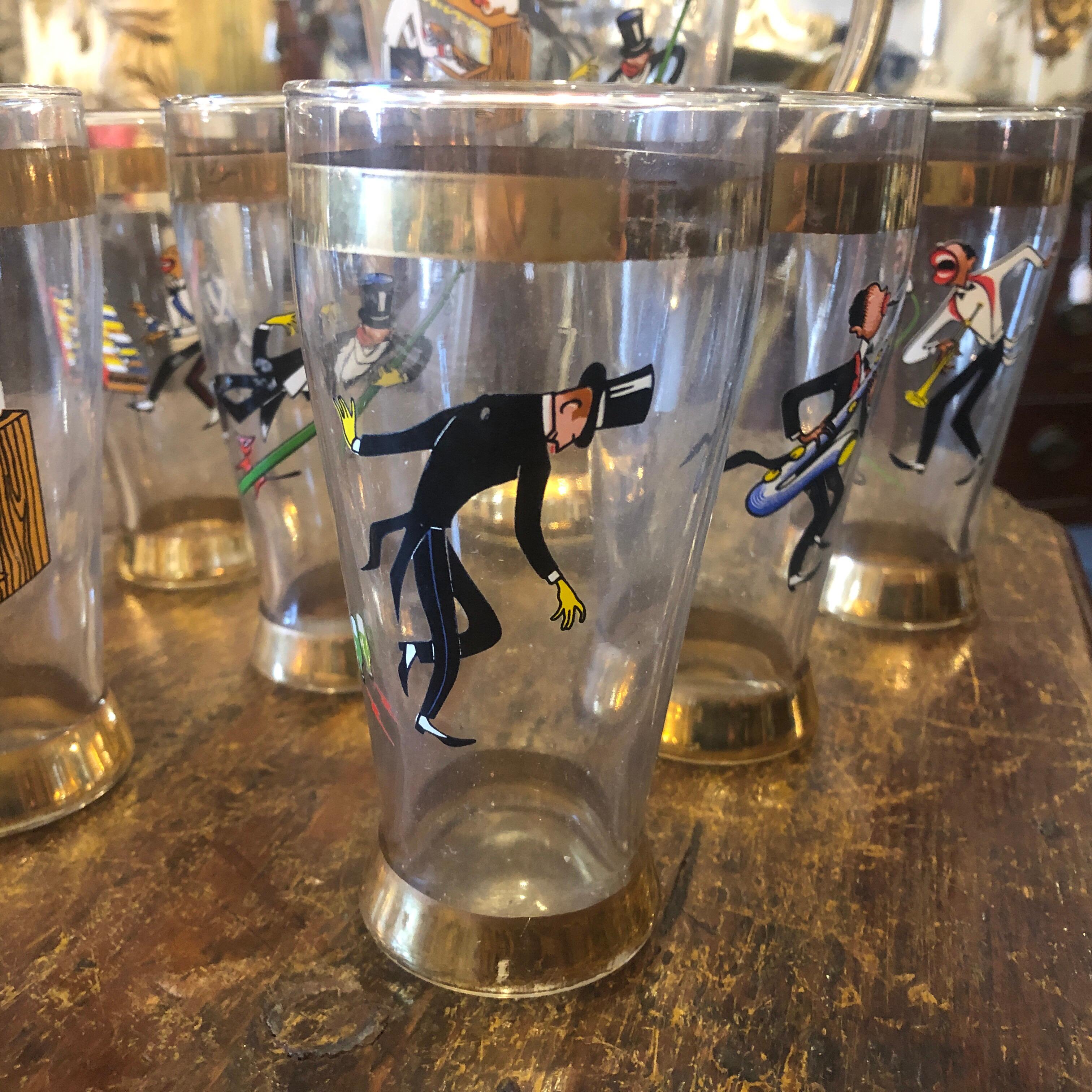 Amazing cocktail set, all glasses and bottle are decorated with different jazz musicians. Has been made in Italy in the 1950s. Good conditions overall, signs of the age. Original labeled by Decor, dimensions are of the pitcher, glasses height cm 14.