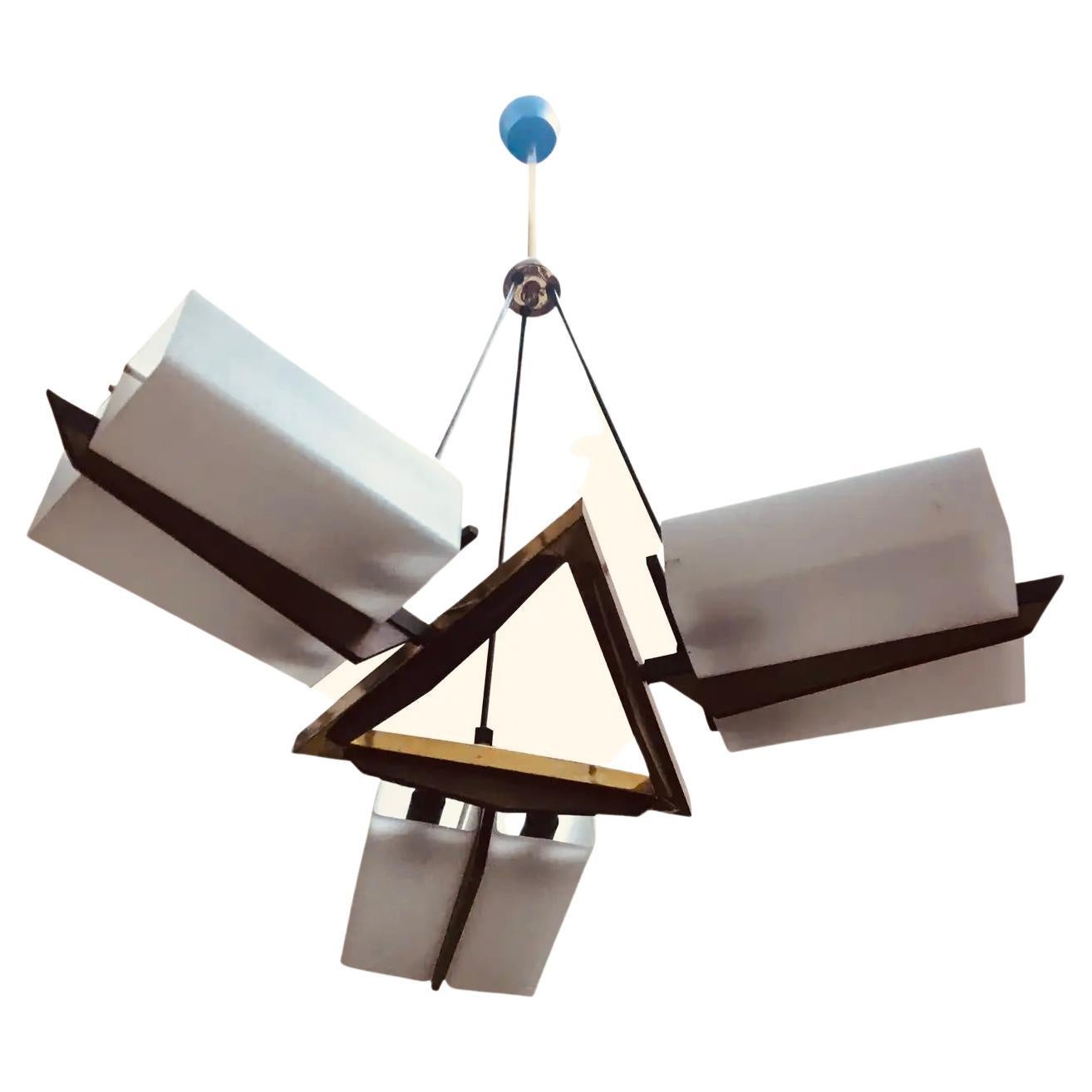 1950s Mid-Century Modern Italian Teak Brass and Glass Chandelier