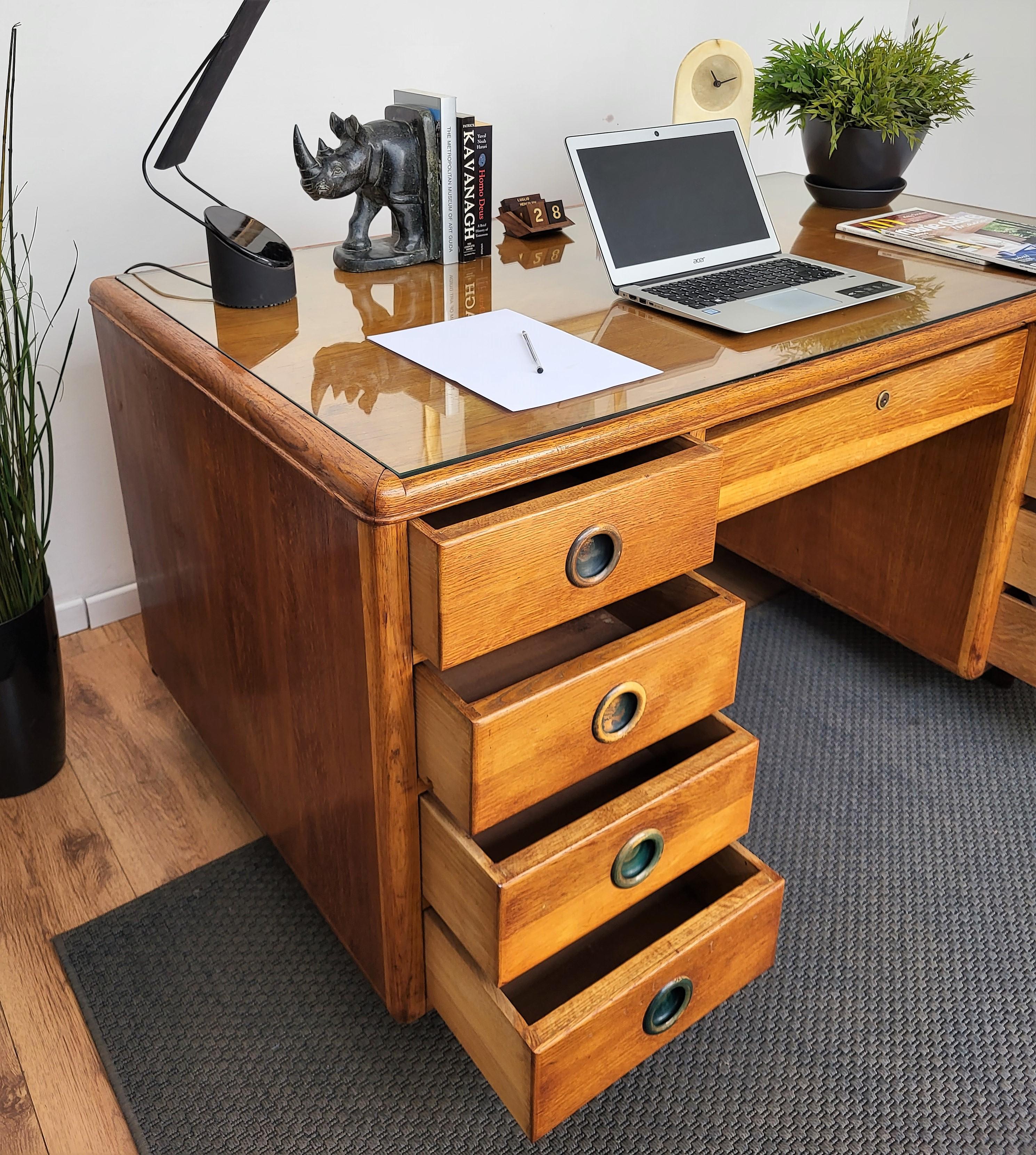 Scandinavian Modern 1950s Mid-Century Modern Italian Walnut Wood Brass and Glass Writing Desk Table For Sale