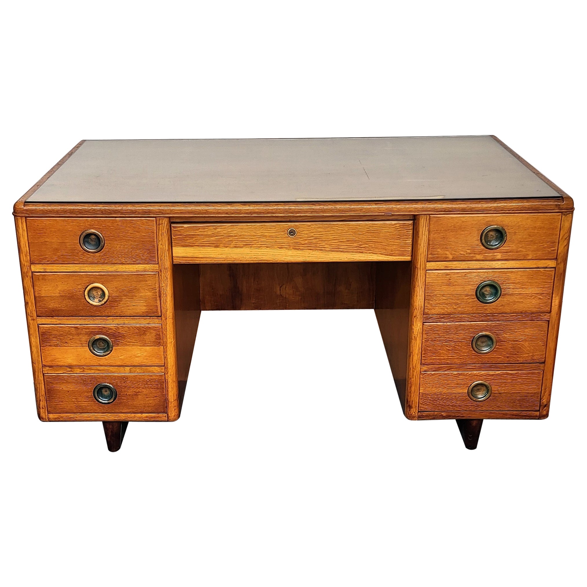 1950s Mid-Century Modern Italian Walnut Wood Brass and Glass Writing Desk Table