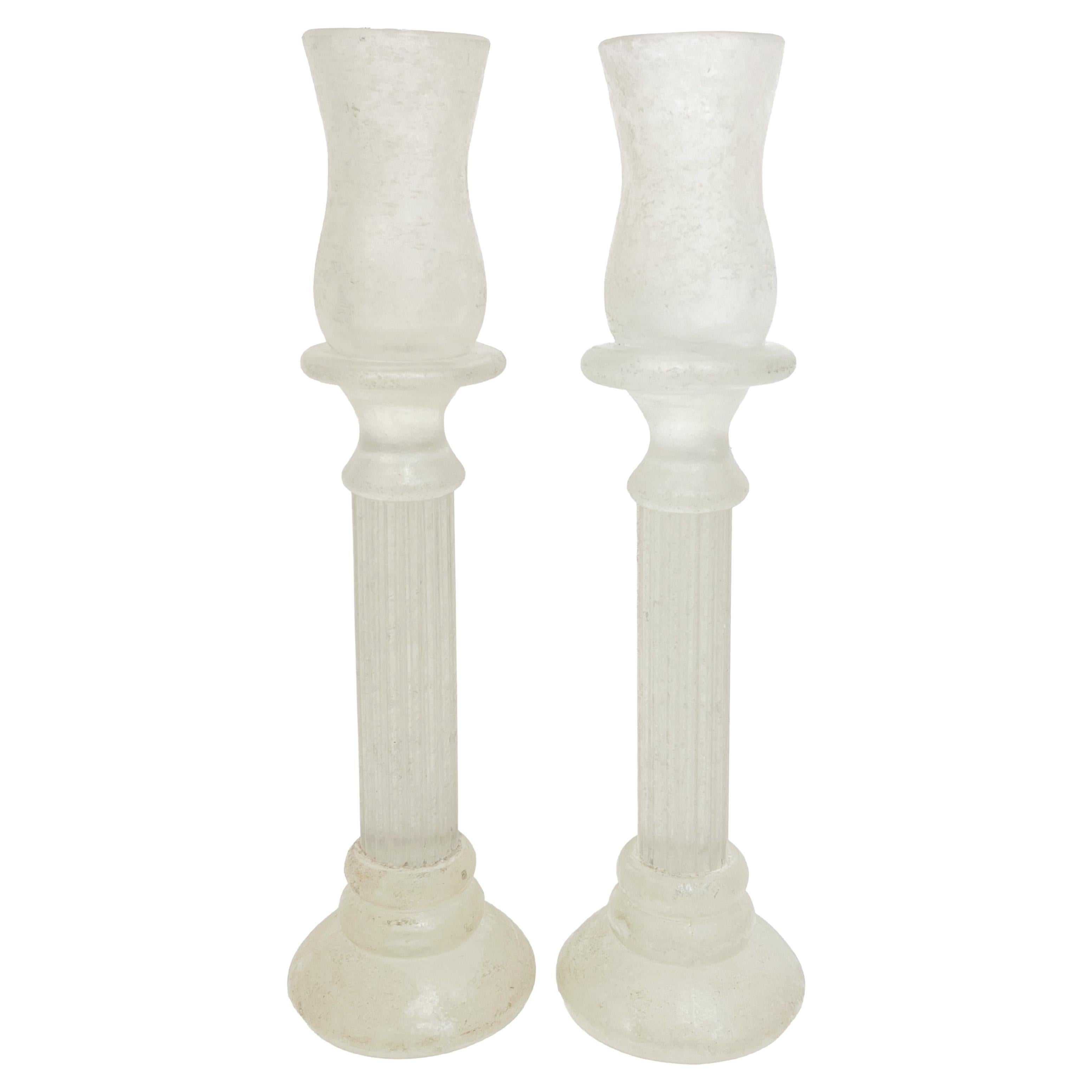 1950s Mid-Century Modern Italian Frosted White Murano Glass Pair of Candlesticks