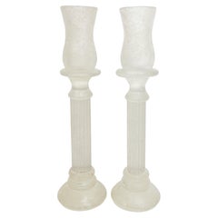 1950s Mid-Century Modern Italian Frosted White Murano Glass Pair of Candlesticks