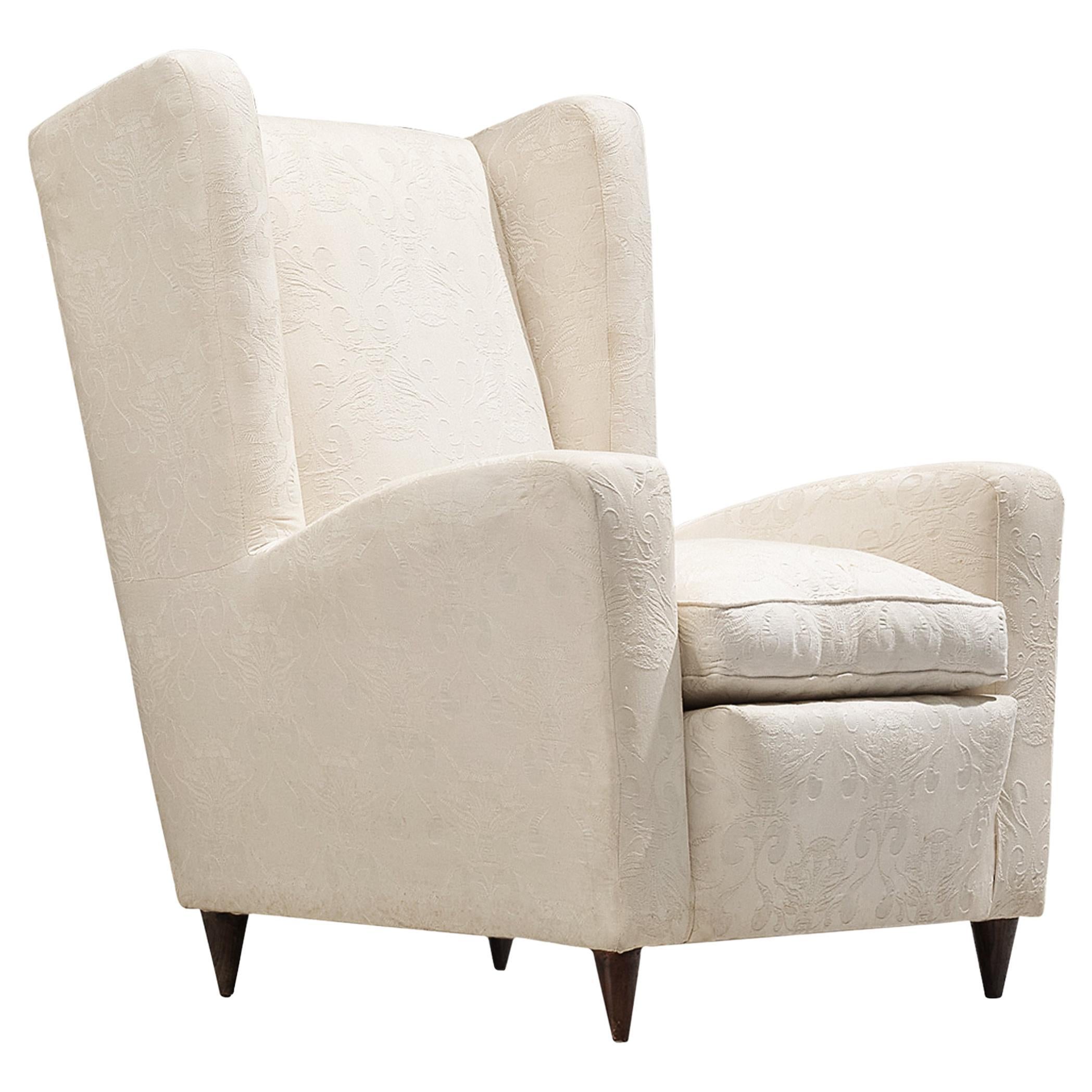 1950s Mid-Century Modern Italian Wingback Chair in Off-White Fabric & Wood