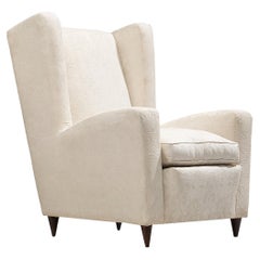 1950s Mid-Century Modern Italian Wingback Chair in Off-White Fabric & Wood