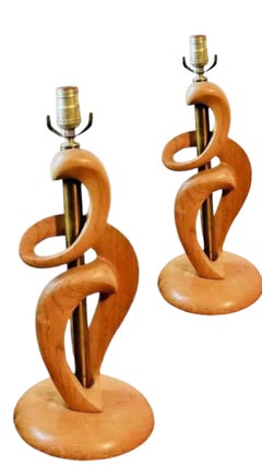 1950s Mid Century Modern Jascha Heifetz Lámparas de mesa escultóricas abstractas de madera