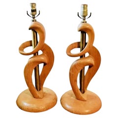 1950s Mid Century Modern Jascha Heifetz Abstrakte Skulpturale Holztischlampen