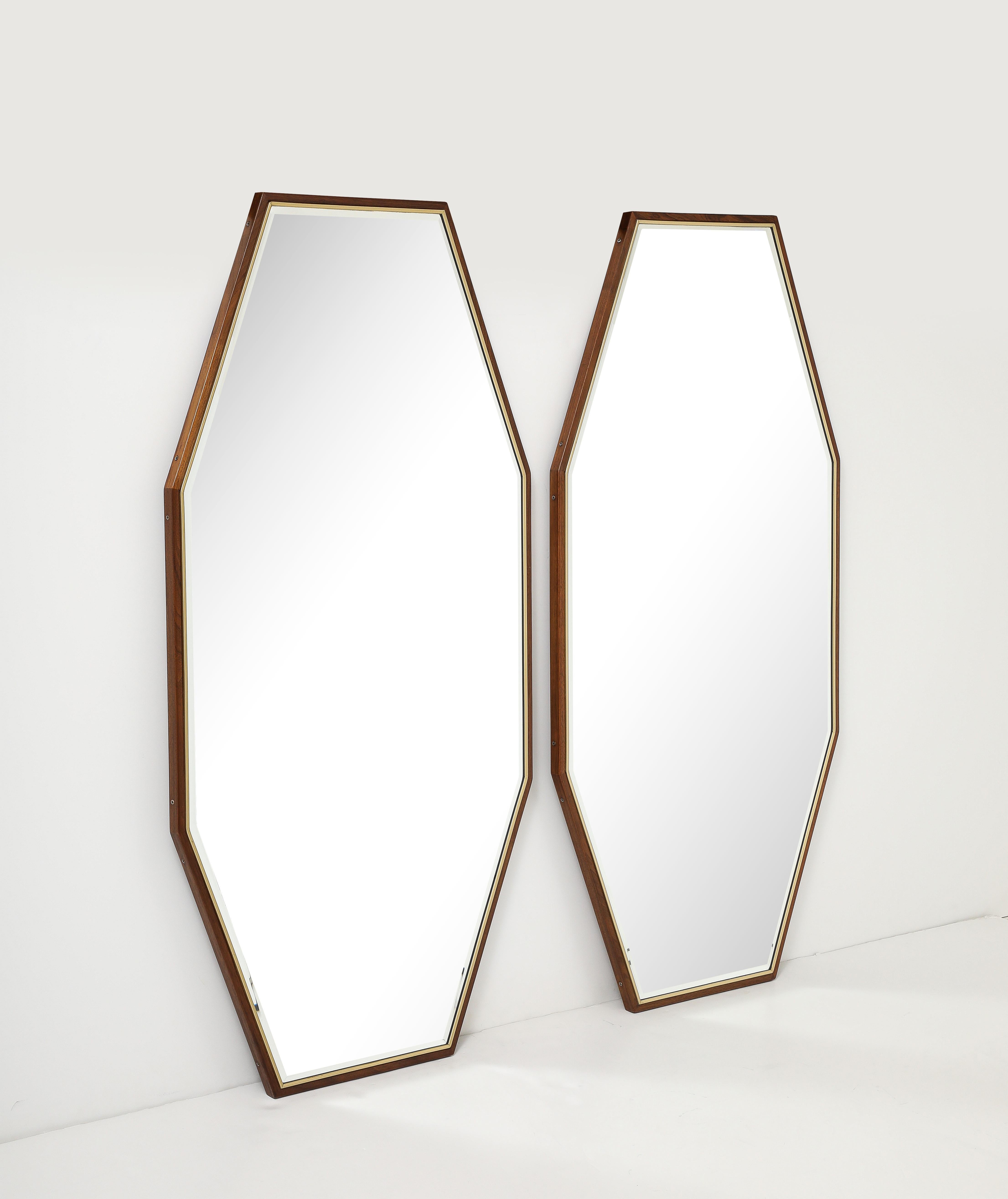 1950's Mid-Century Modern Large Walnut And Brass Octagonal Mirrors For Sale 7
