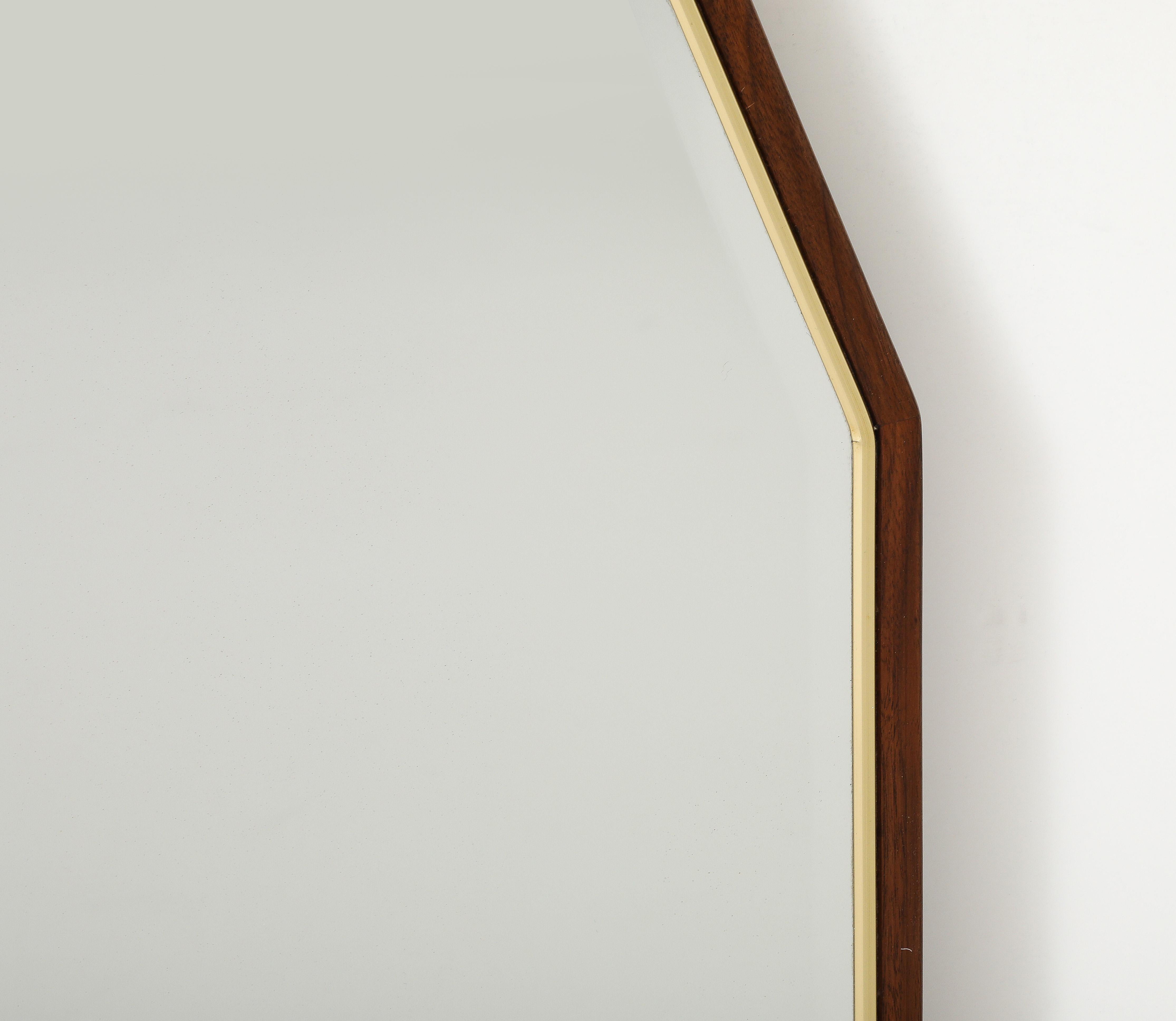1950's Mid-Century Modern Large Walnut And Brass Octagonal Mirrors In Good Condition For Sale In New York, NY