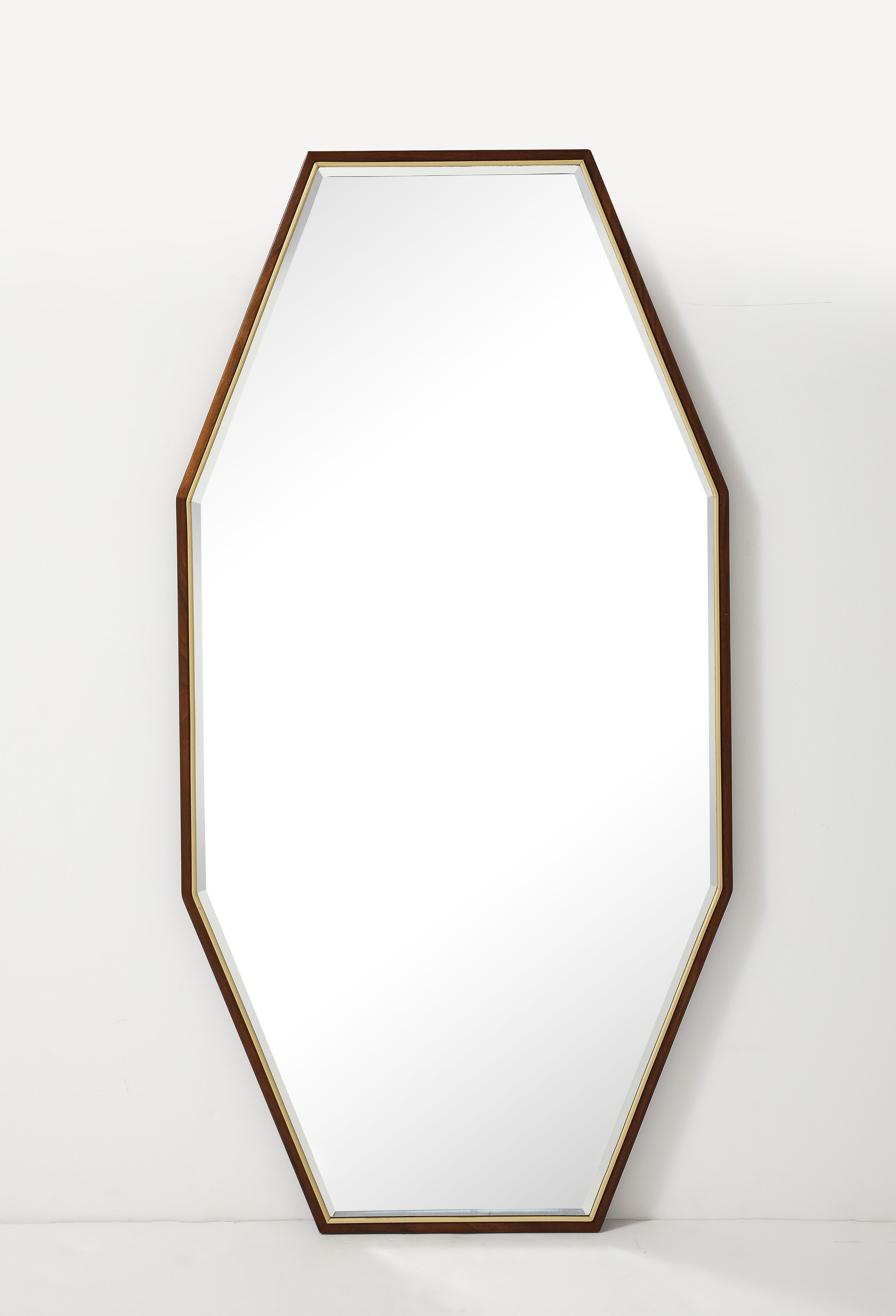 Mid-20th Century 1950's Mid-Century Modern Large Walnut And Brass Octagonal Mirrors For Sale