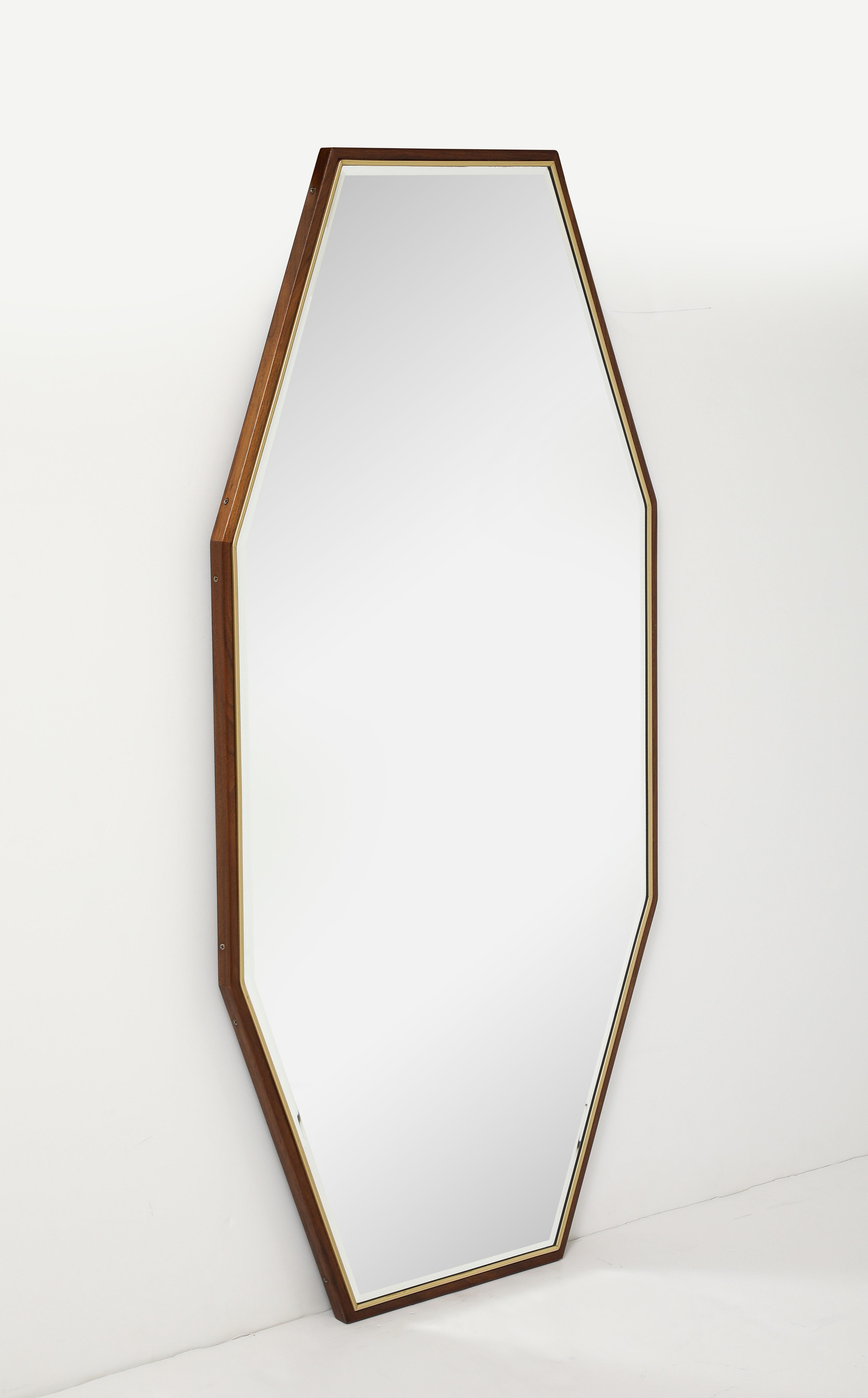 1950's Mid-Century Modern Large Walnut And Brass Octagonal Mirrors For Sale 2