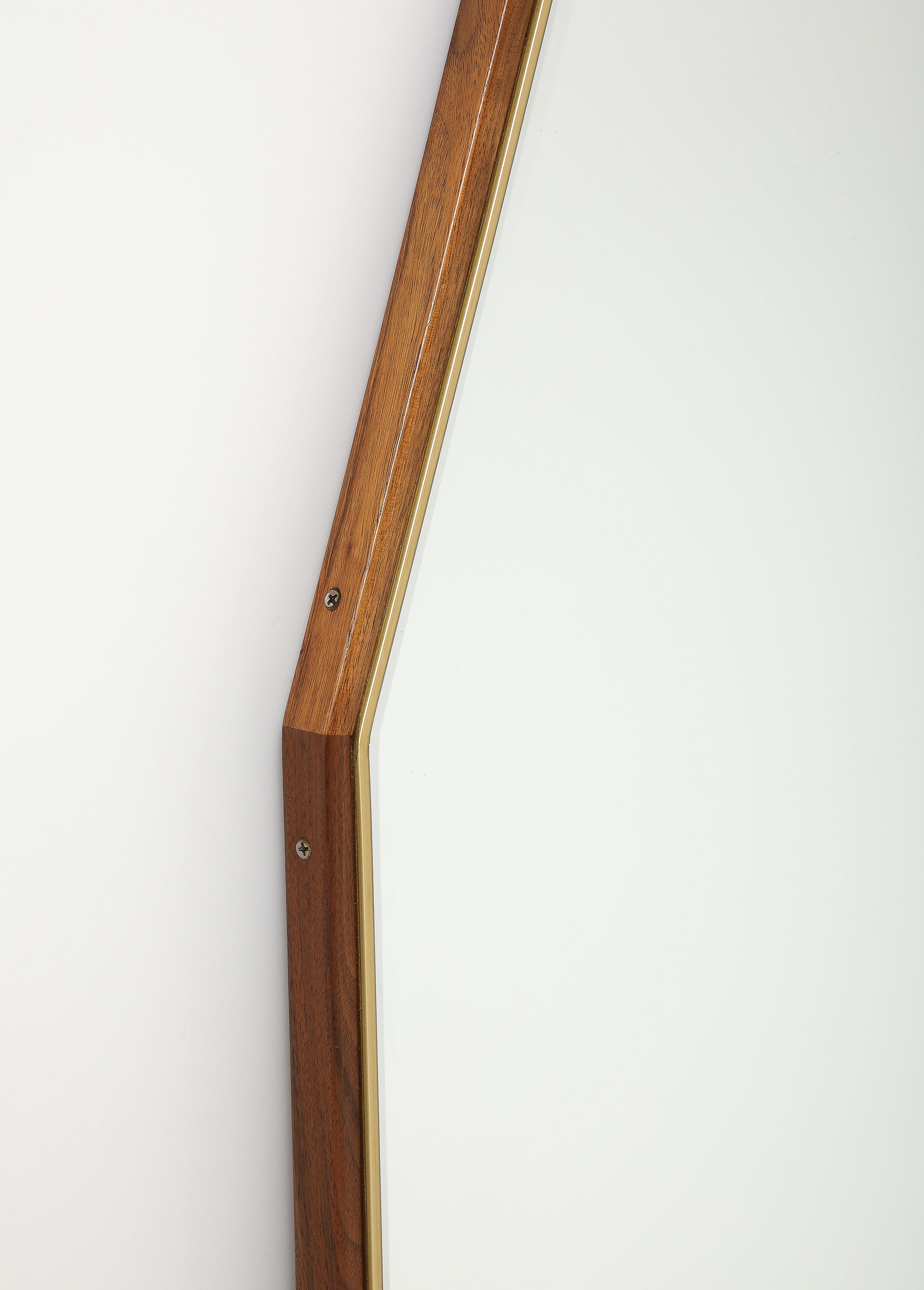 1950's Mid-Century Modern Large Walnut And Brass Octagonal Mirrors For Sale 3