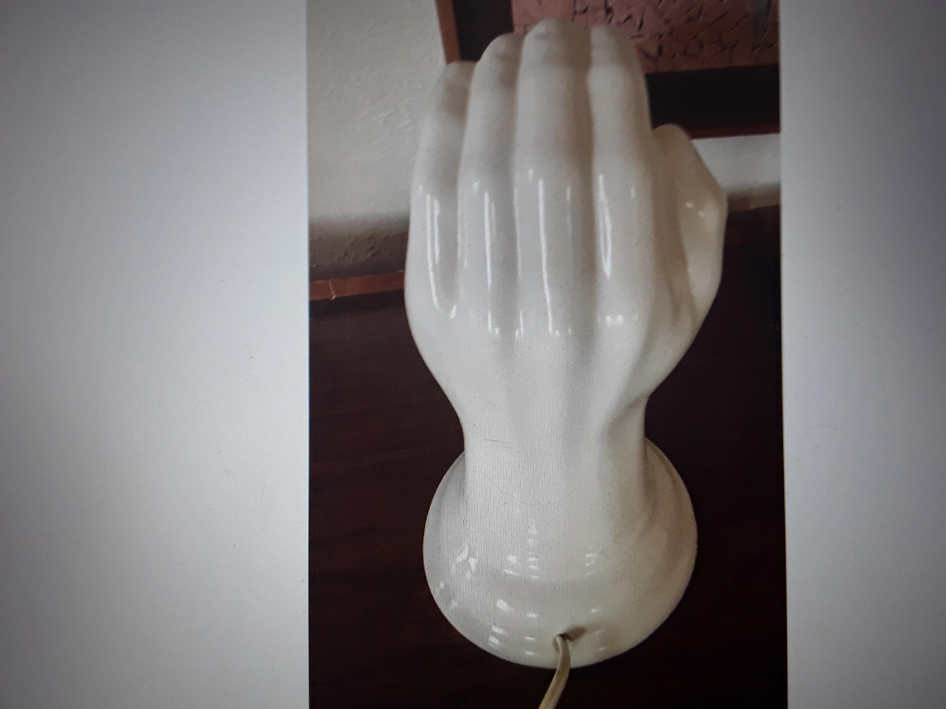 1950's Mid Century Modern Large White Outstreched Glazed Ceramic Hand w/ Shades For Sale 1
