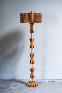1950s Mid-Century Modern Marquetry Floor Lamp with Woven Teak Slat Shade