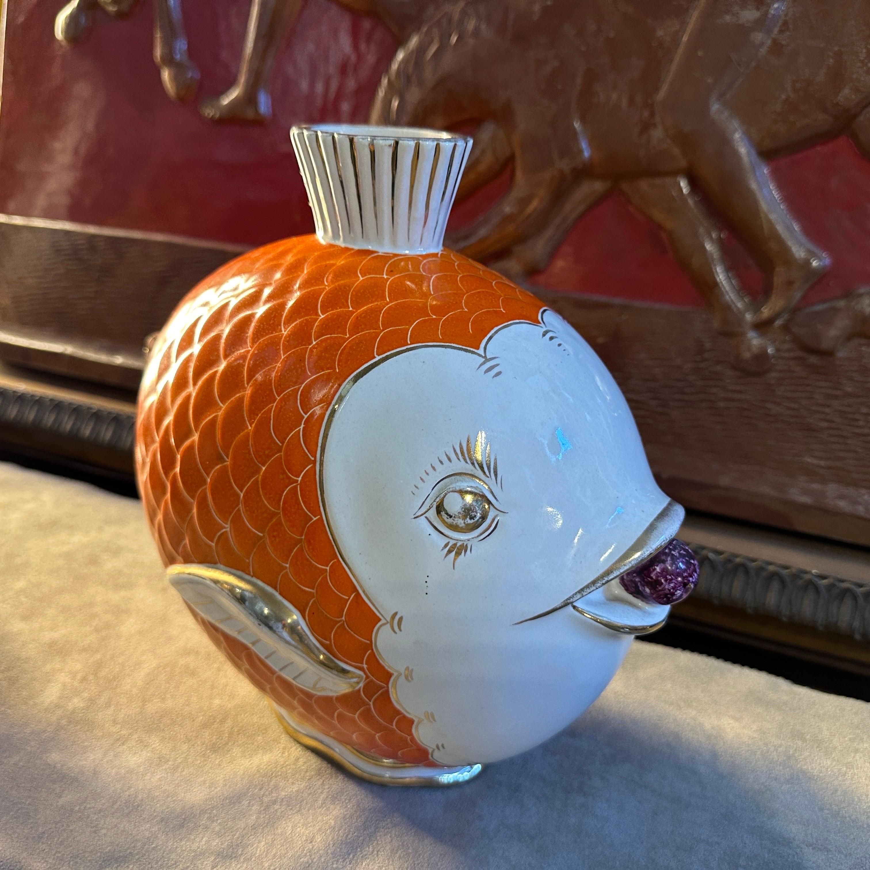 1950s Mid-Century Modern Orange Gold and White Ceramic Italian Fish Vase 7
