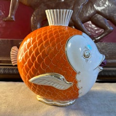 1950s Mid-Century Modern Orange Gold and White Ceramic Italian Fish Vase