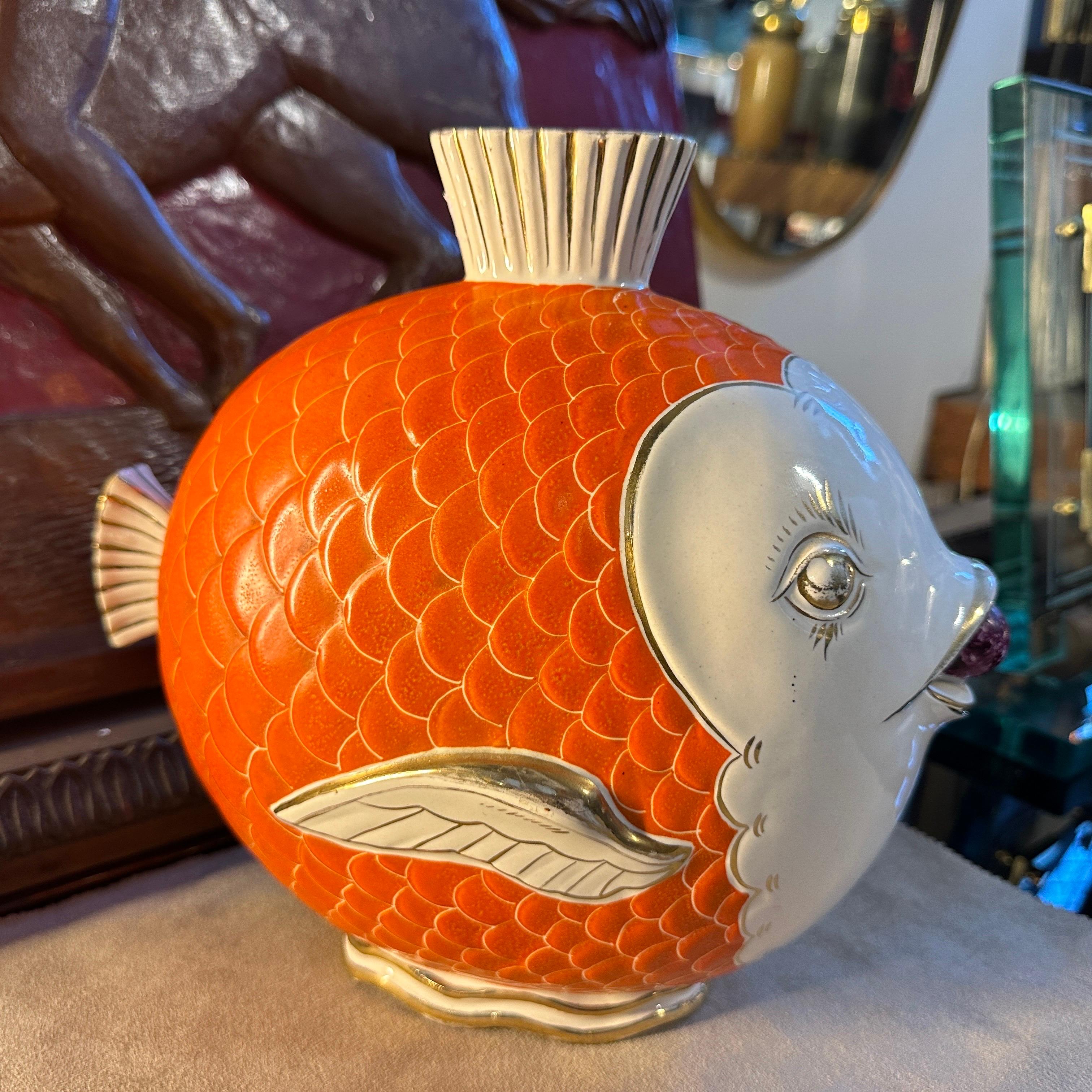 20th Century 1950s Mid-Century Modern Orange Gold and White Ceramic Italian Fish Vase