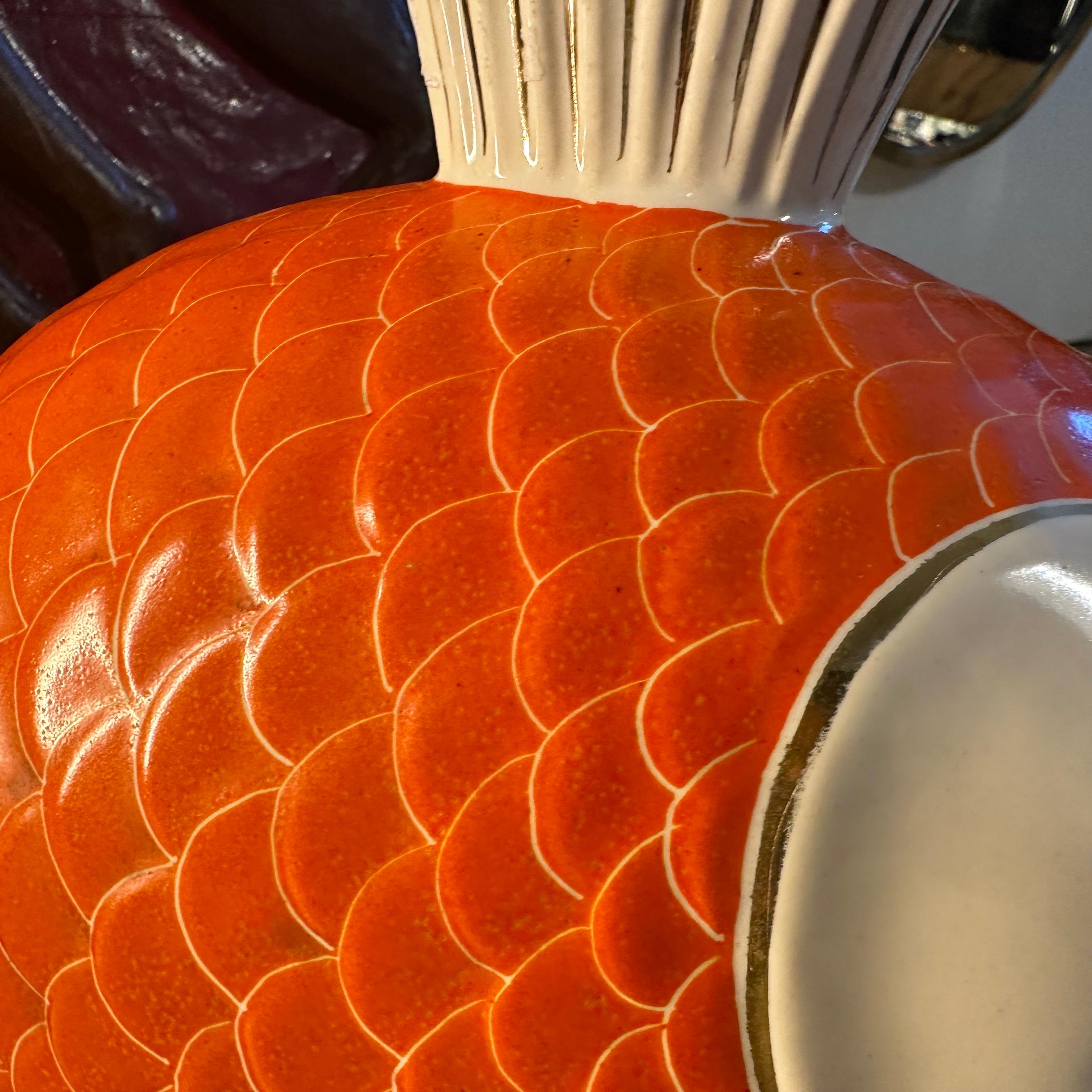 1950s Mid-Century Modern Orange Gold and White Ceramic Italian Fish Vase For Sale 1