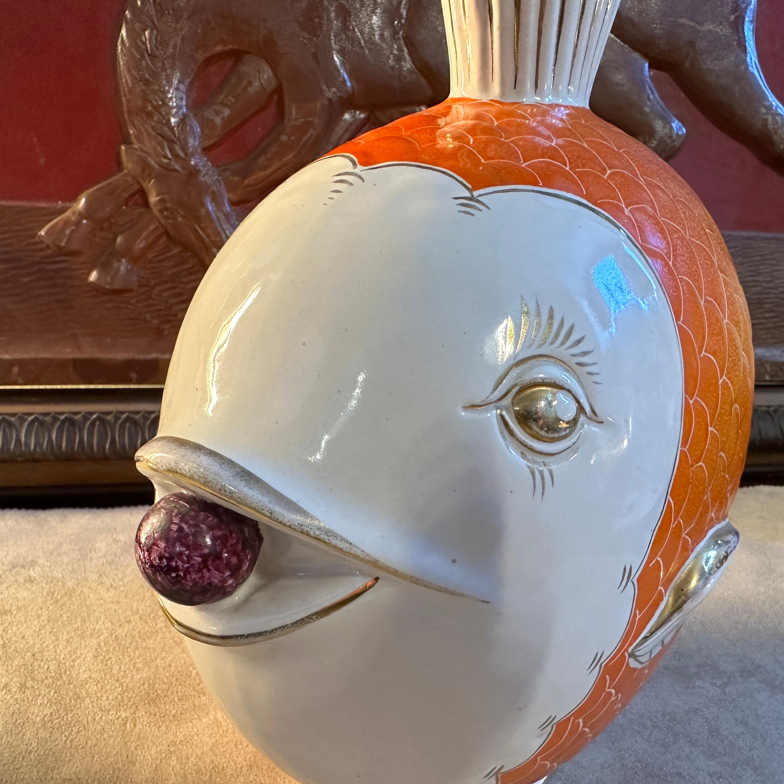 1950s Mid-Century Modern Orange Gold and White Ceramic Italian Fish Vase For Sale 2