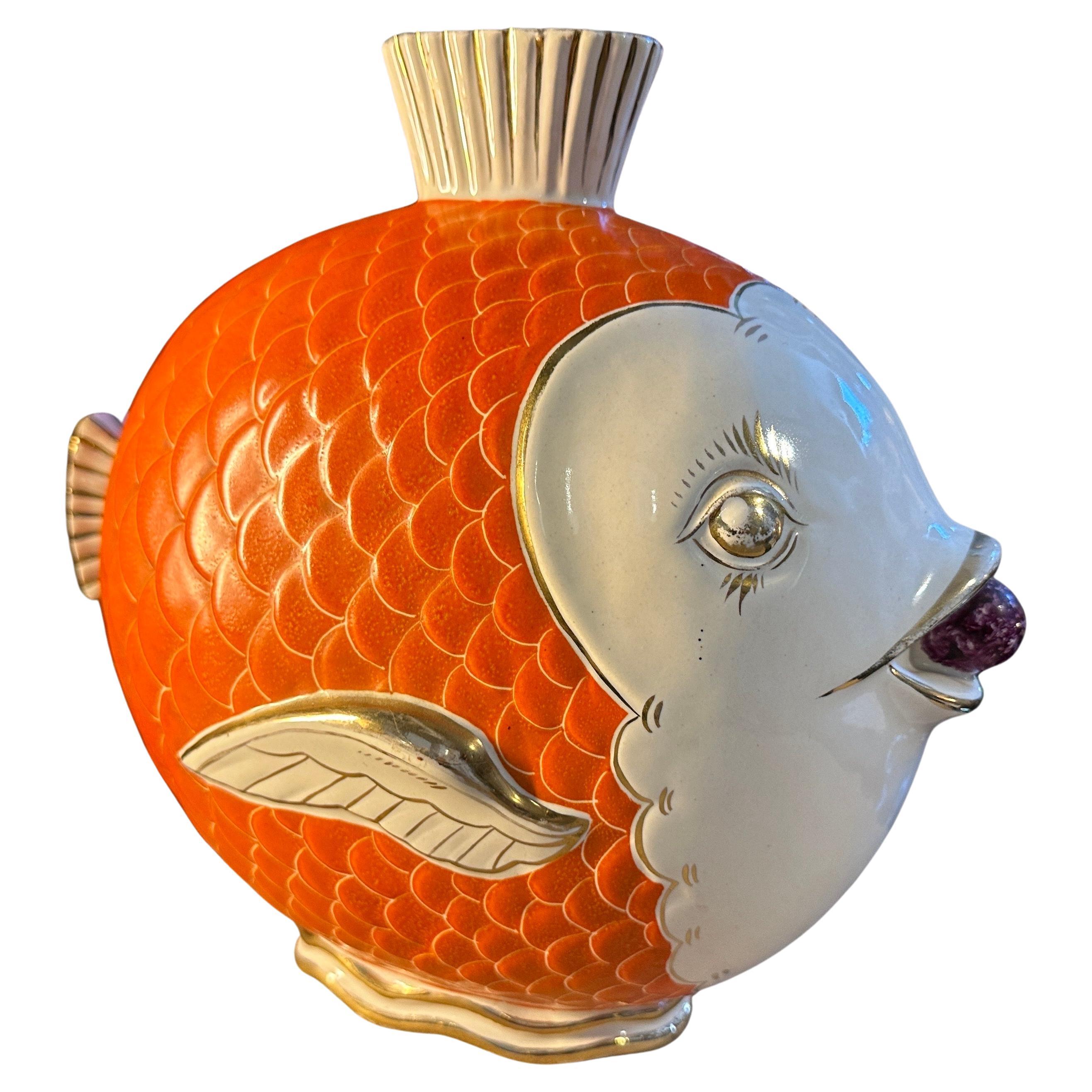 1950s Mid-Century Modern Orange Gold and White Ceramic Italian Fish Vase For Sale