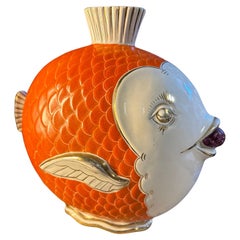 Vase à poisson italien en céramique orange, or et blanc des années 1950 The Moderns