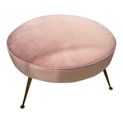 1950s Mid-Century Modern Pink Velvet and Brass Italian Round Pouf