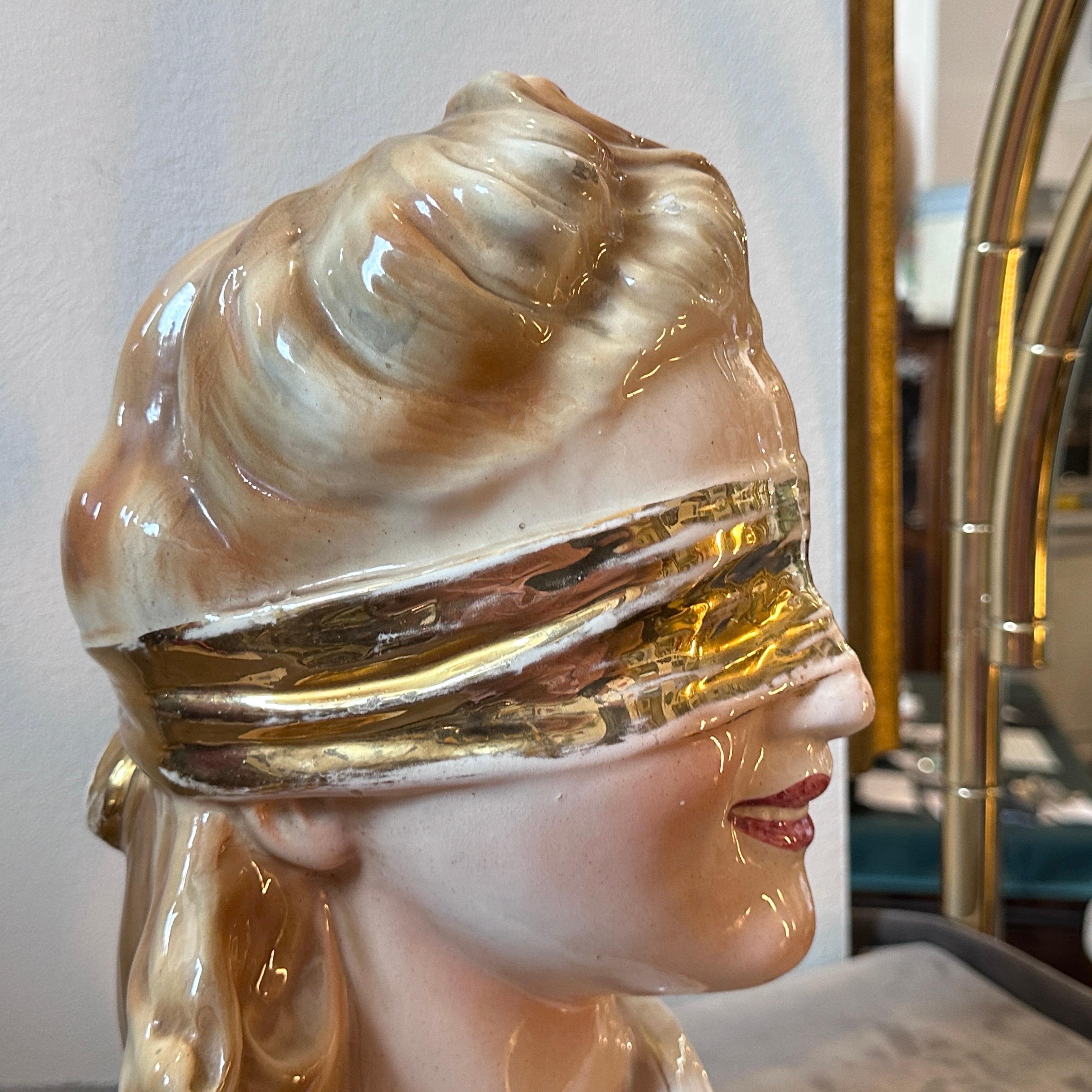 1950s Mid-century Modern Policrome Ceramic Bust of the Blindfolded Goddess For Sale 3