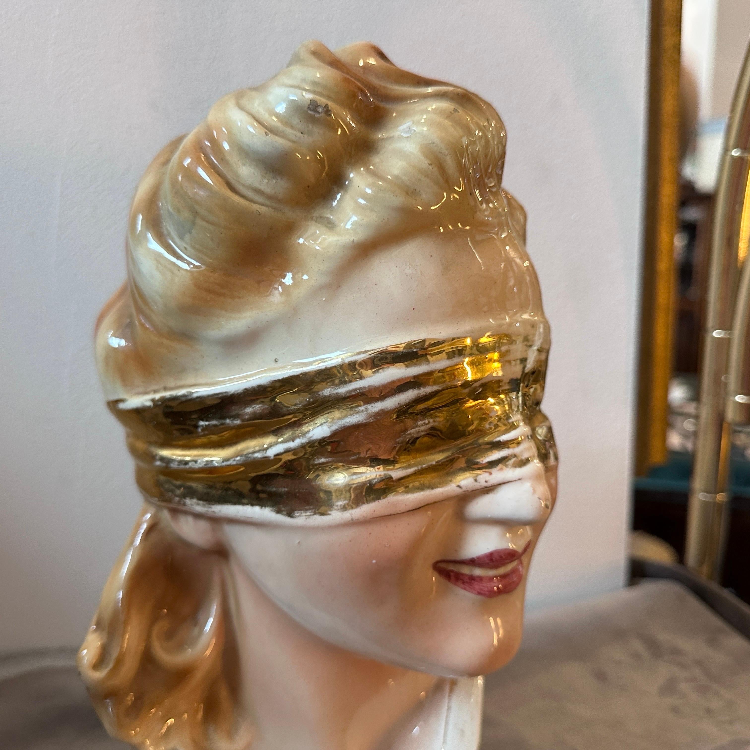 Mid-Century Modern 1950s Mid-century Modern Policrome Ceramic Bust of the Blindfolded Goddess For Sale