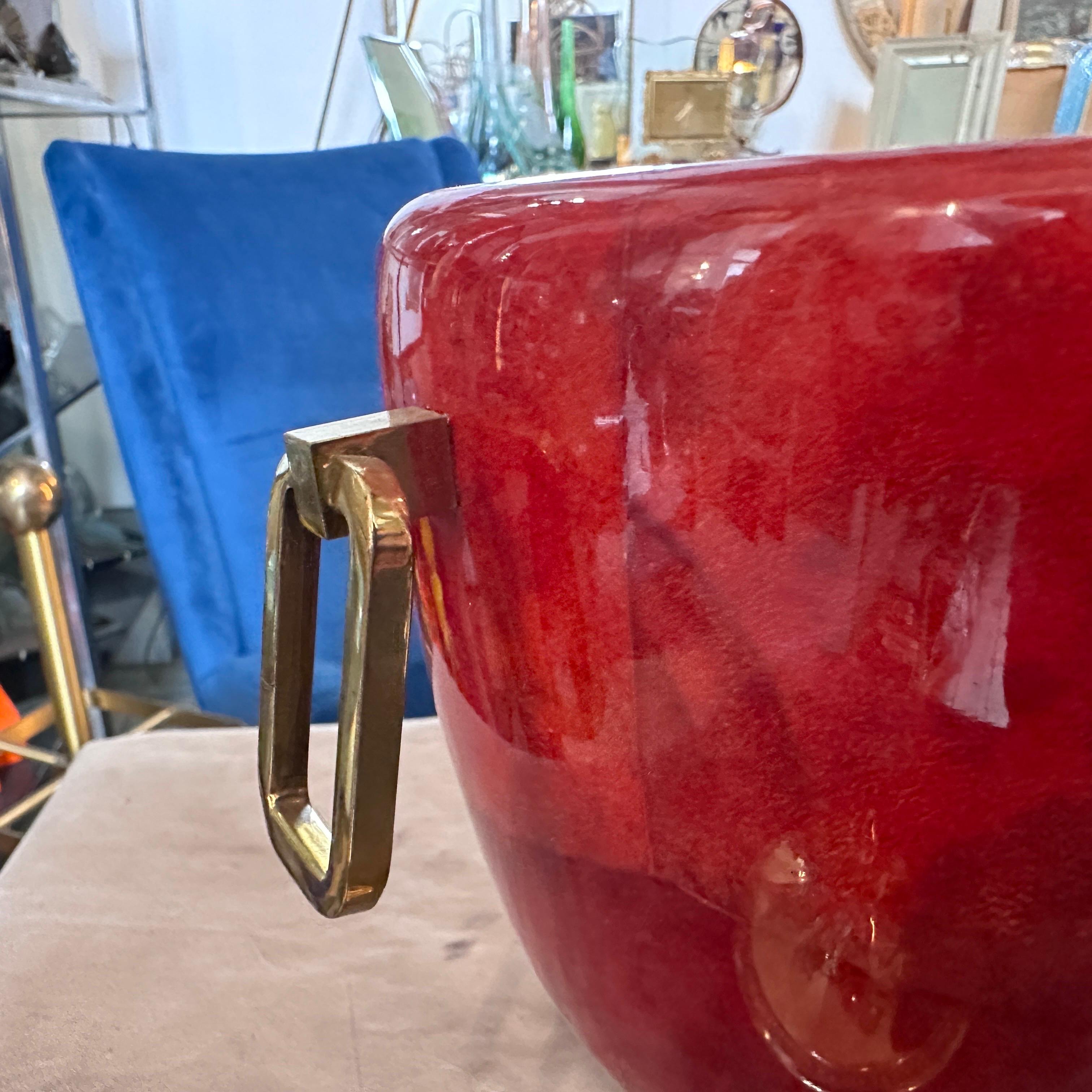 Mid-Century Modern Red Coral Goatskin and Brass Ice Bucket by Aldo Tura, 1950s For Sale 4