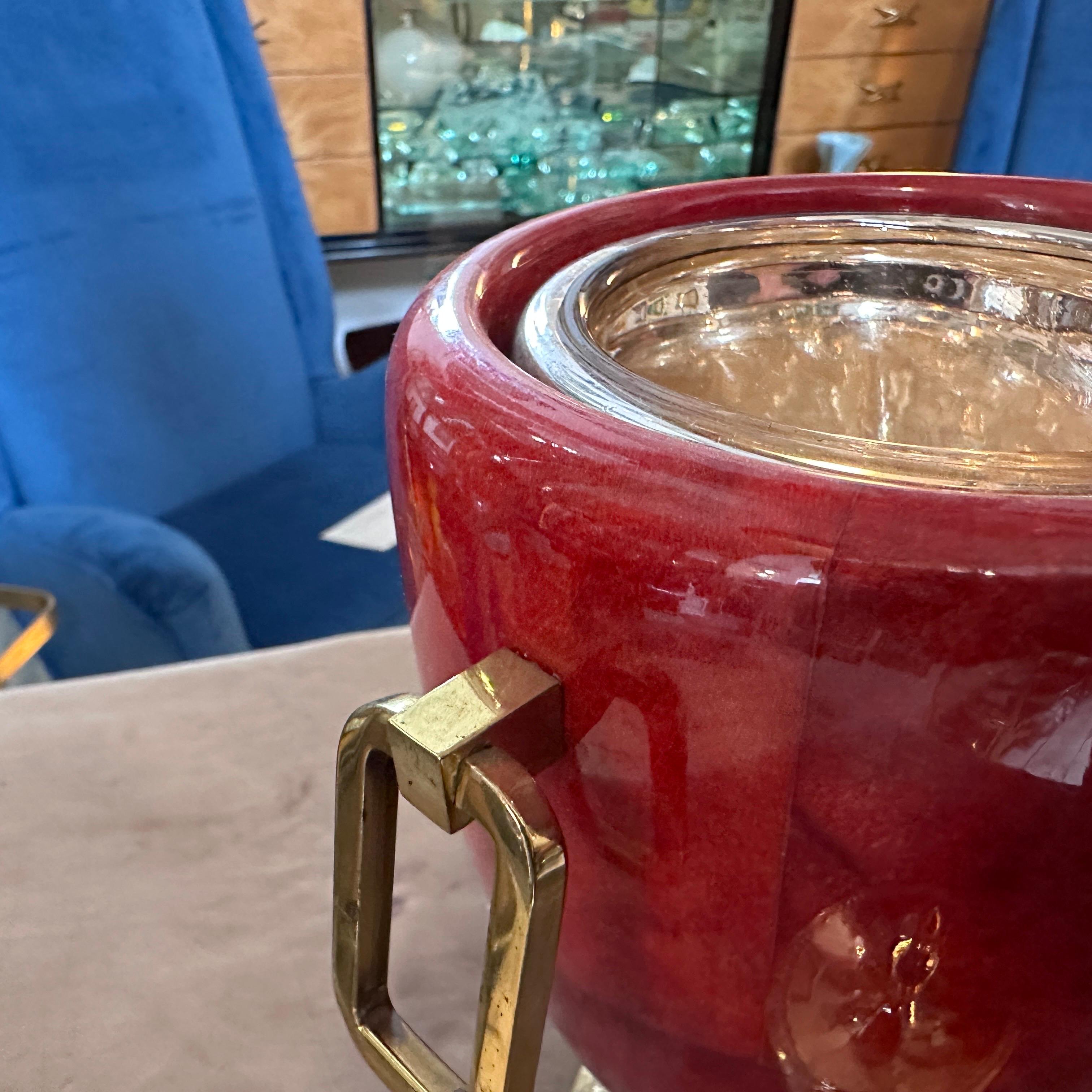 Mid-Century Modern Red Coral Goatskin and Brass Ice Bucket by Aldo Tura, 1950s For Sale 5