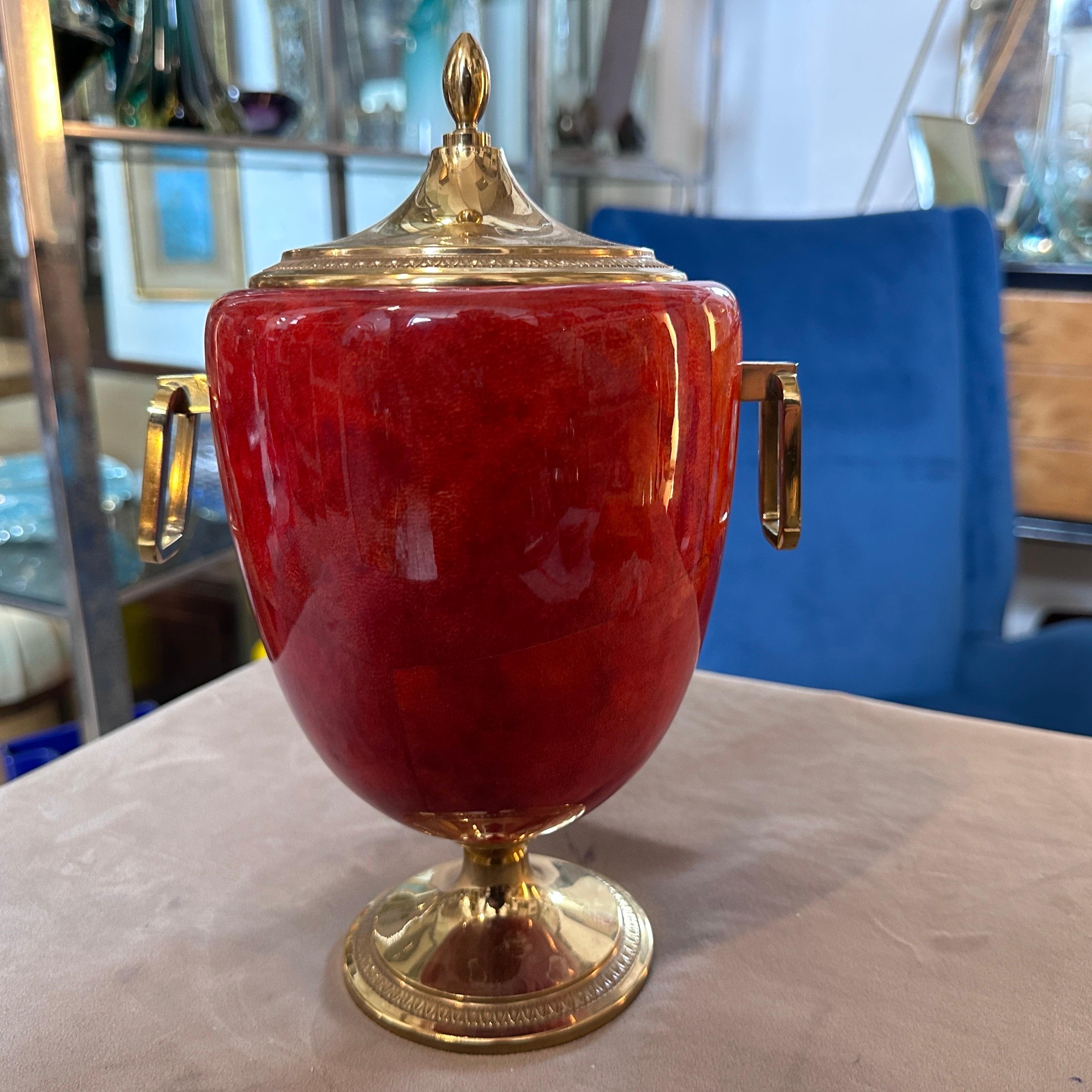 Italian Mid-Century Modern Red Coral Goatskin and Brass Ice Bucket by Aldo Tura, 1950s For Sale