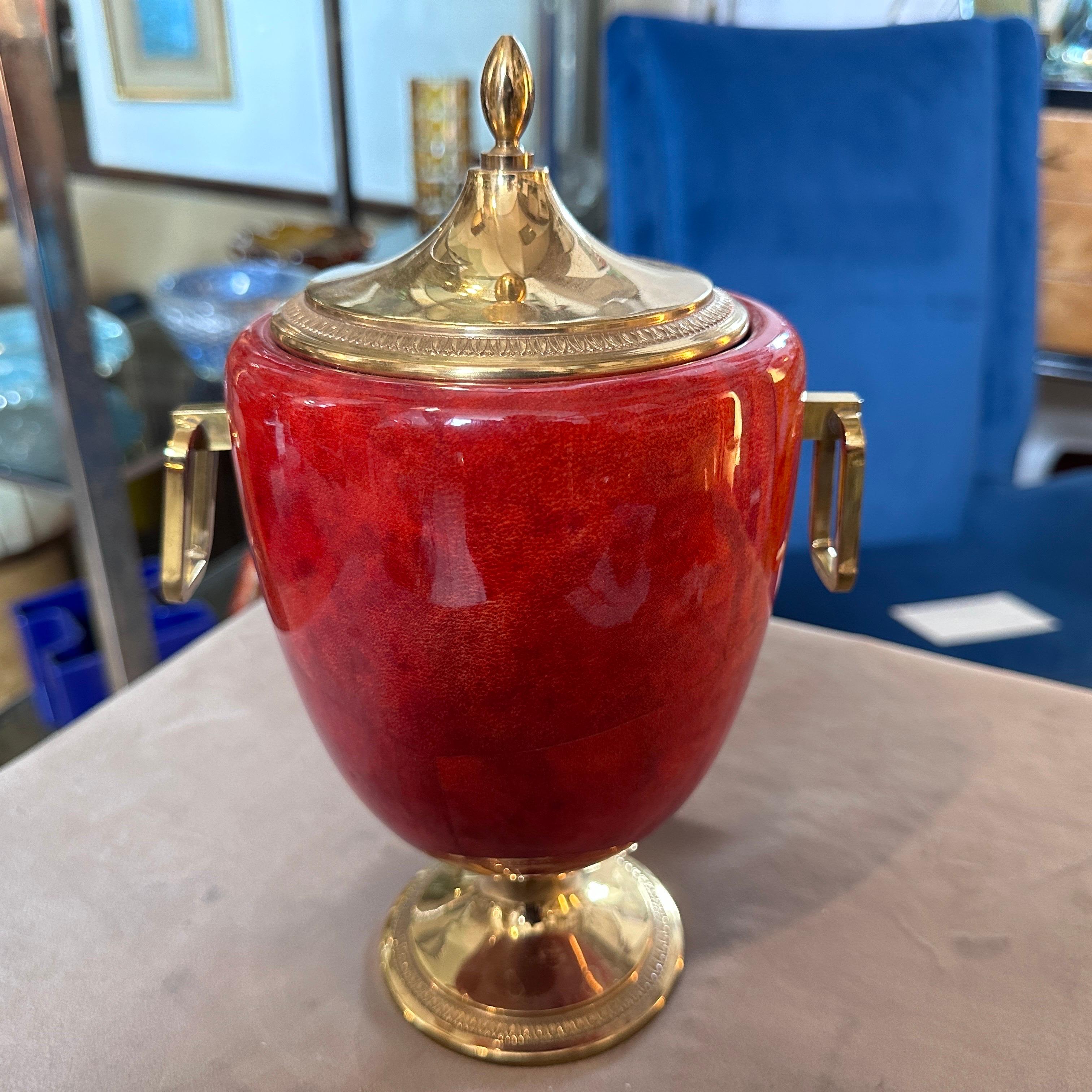 Hand-Crafted Mid-Century Modern Red Coral Goatskin and Brass Ice Bucket by Aldo Tura, 1950s For Sale