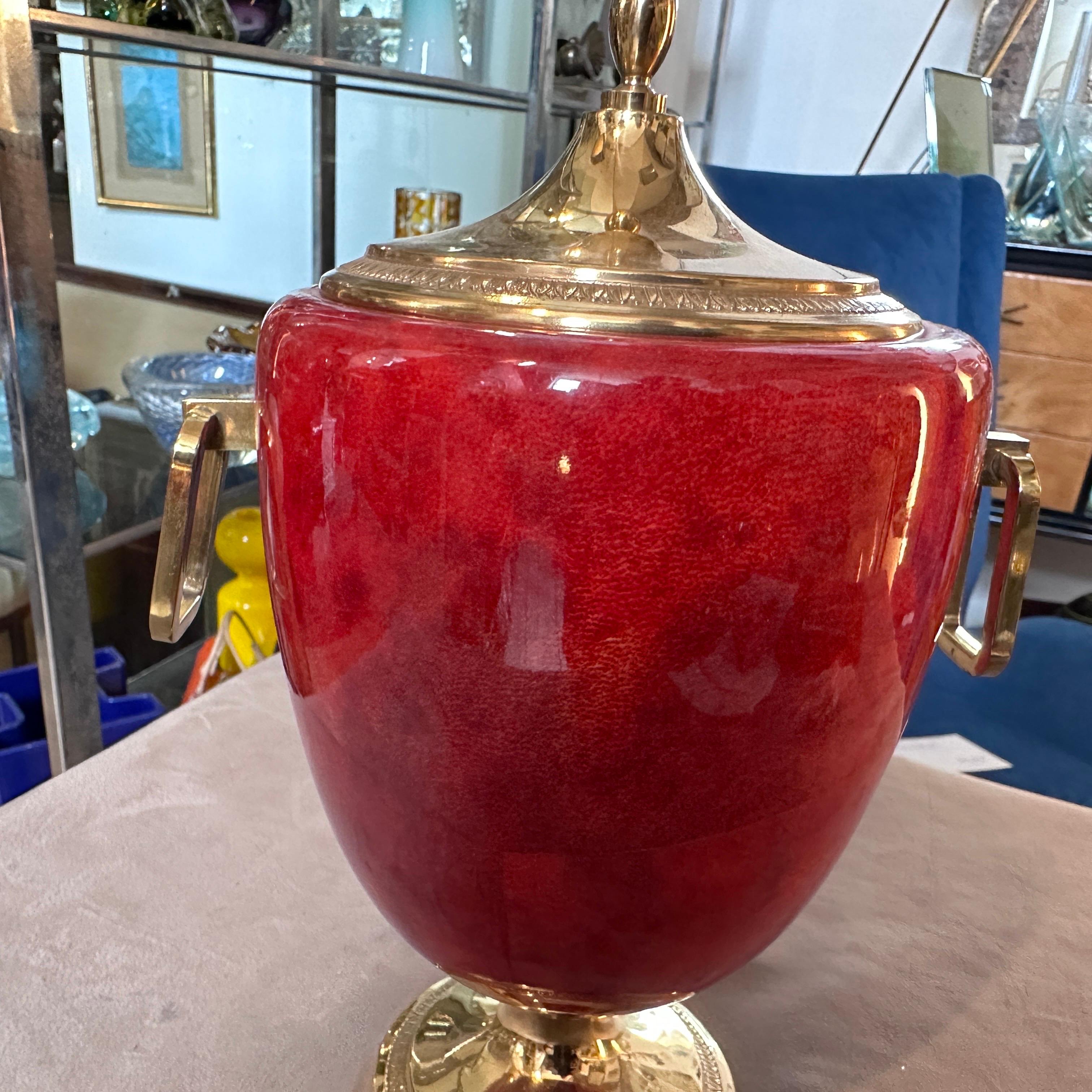 20th Century Mid-Century Modern Red Coral Goatskin and Brass Ice Bucket by Aldo Tura, 1950s For Sale